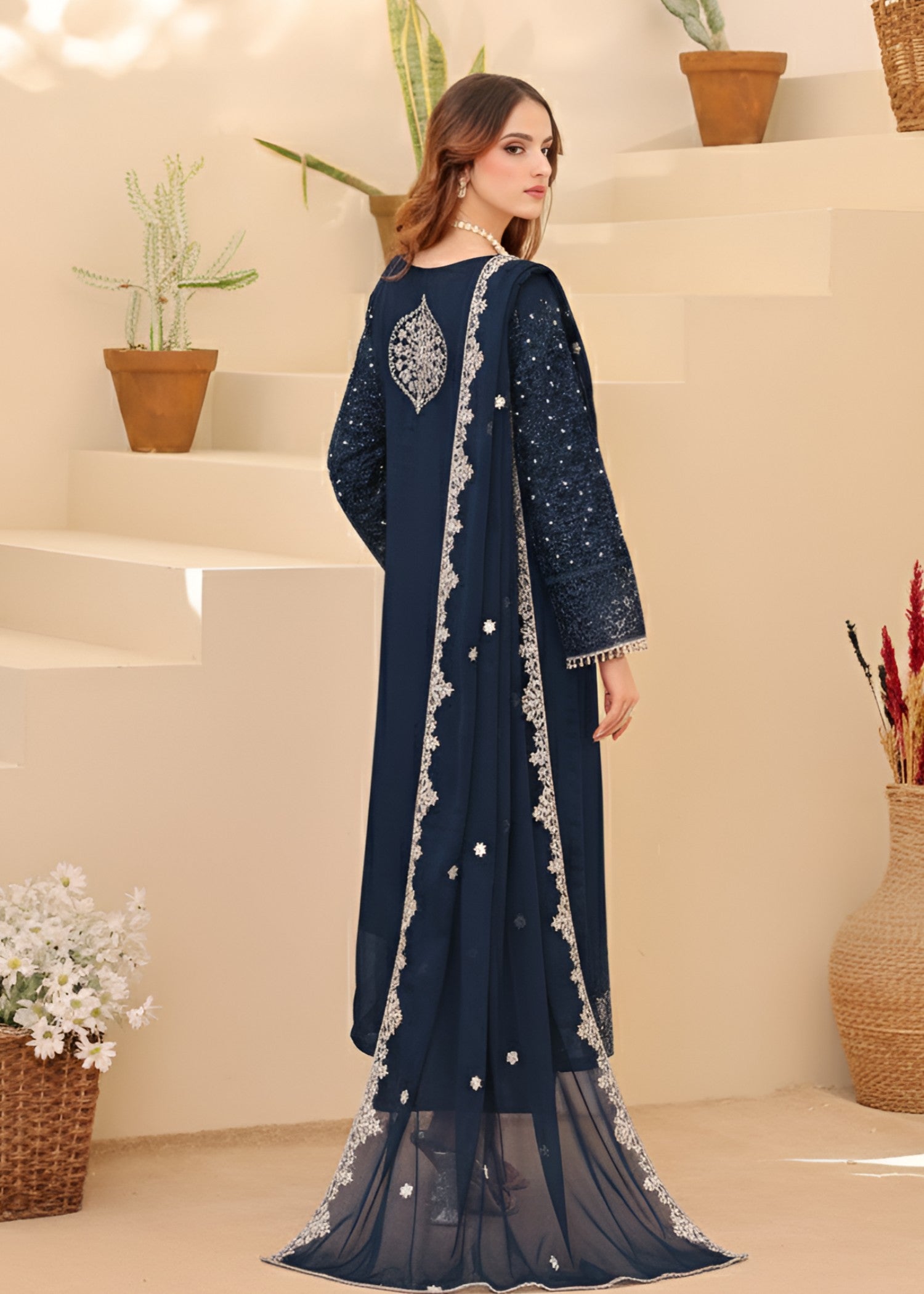 chiffon Kurta Set in Navy blue