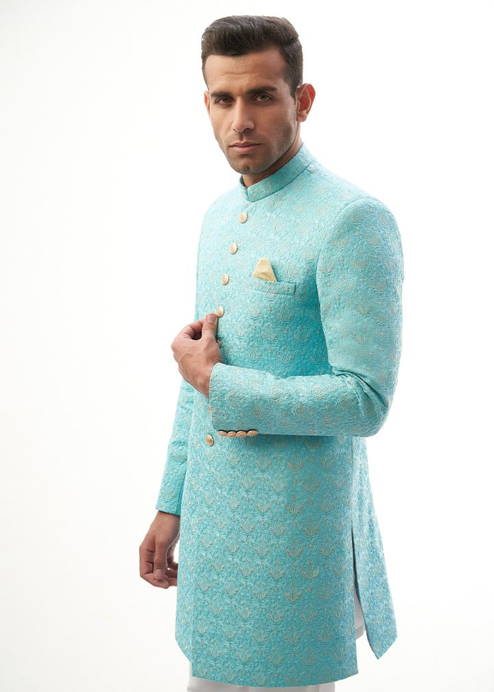 raw silk Sherwani in Blue
