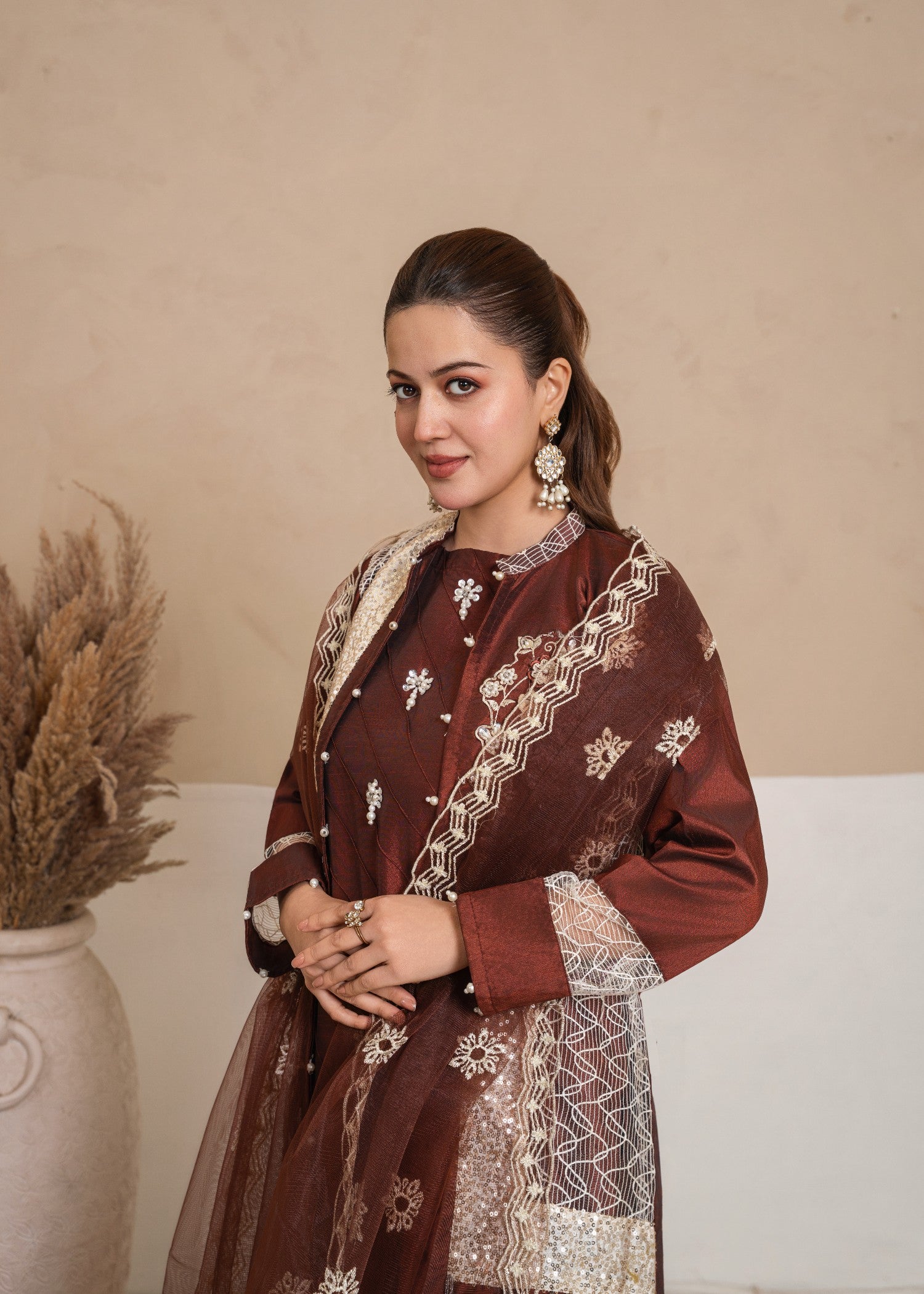 korean raw silk Gown in Brown