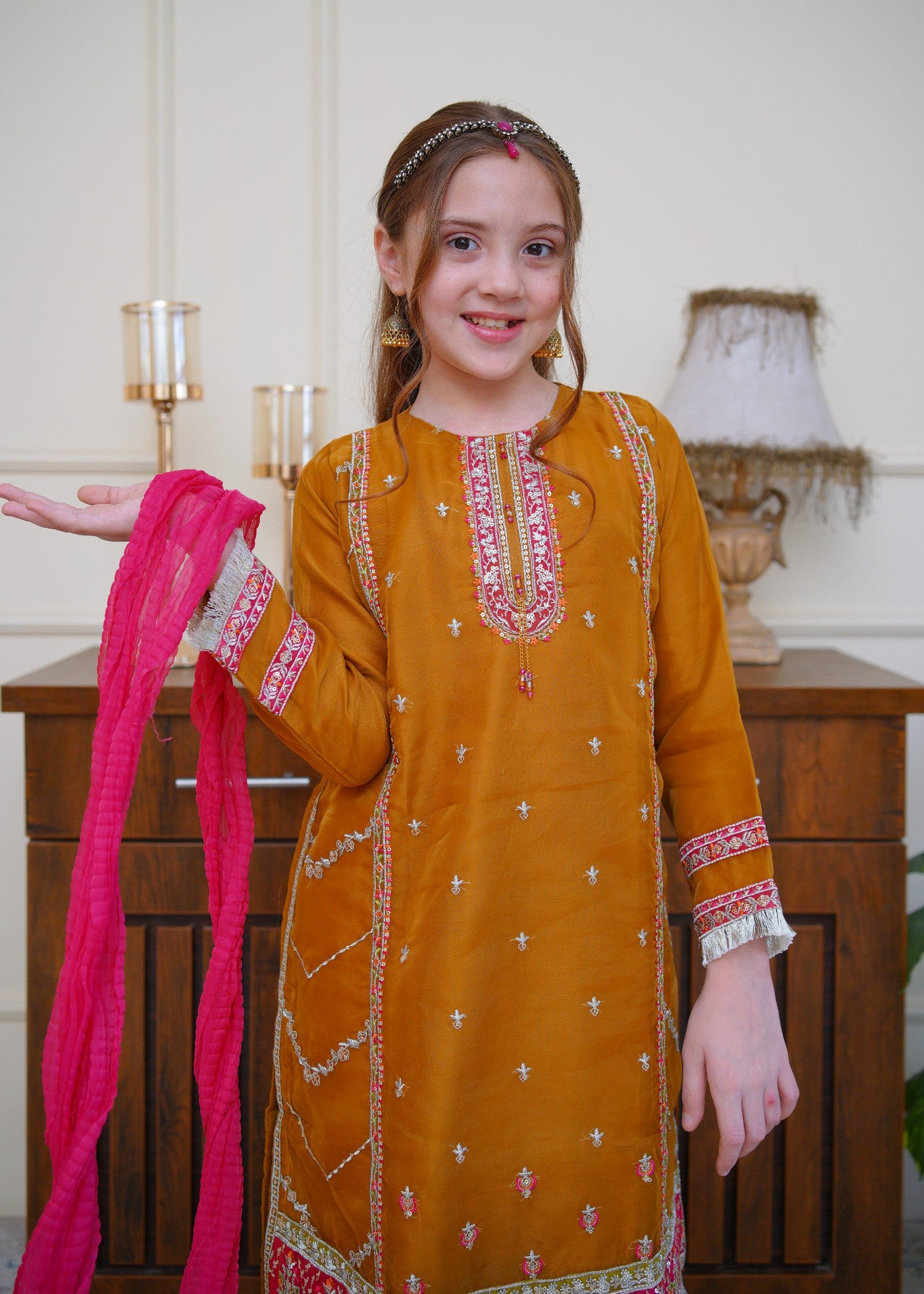 organza Gharara in Mari gold