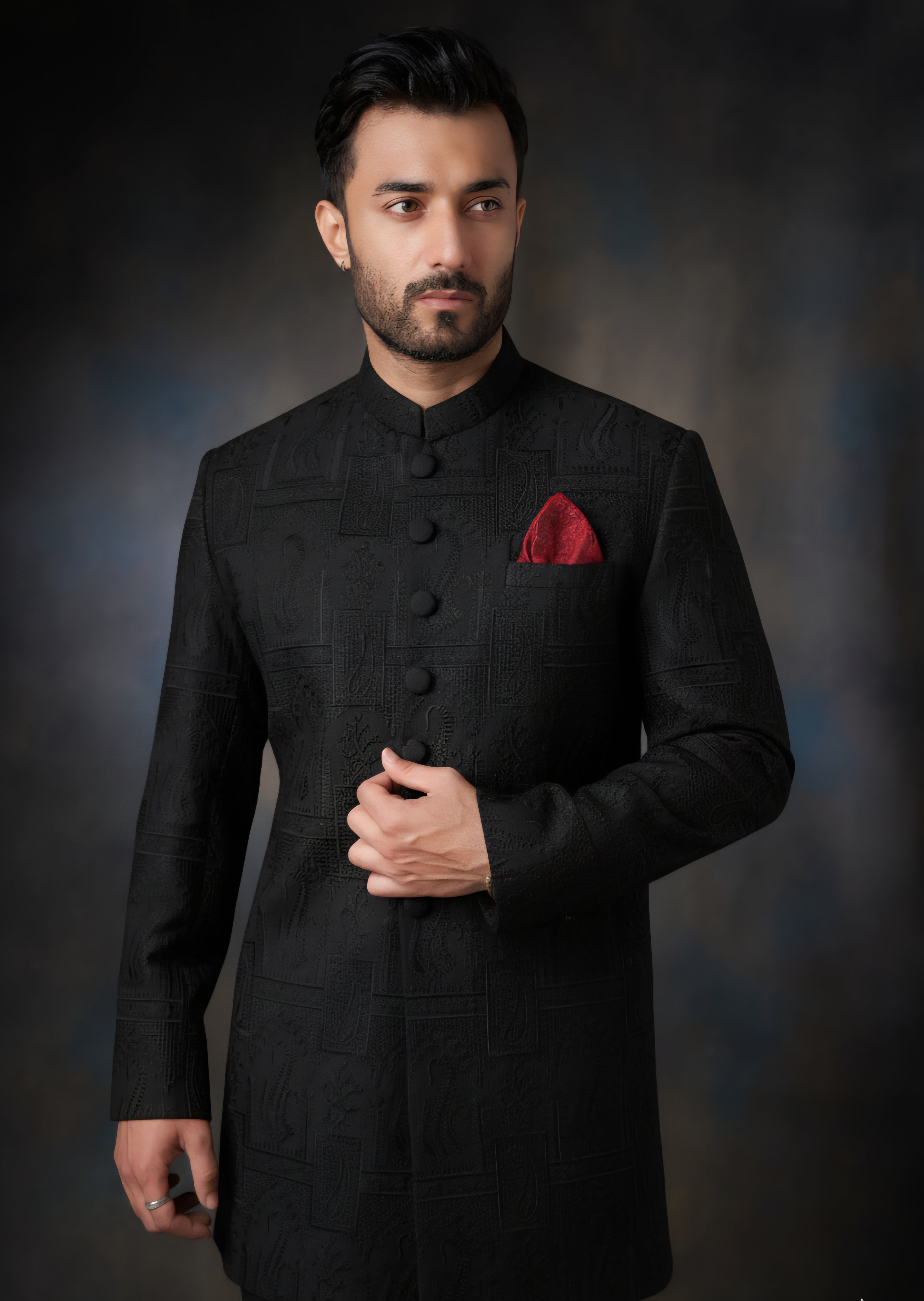 viscose raw silk Sherwani in Black