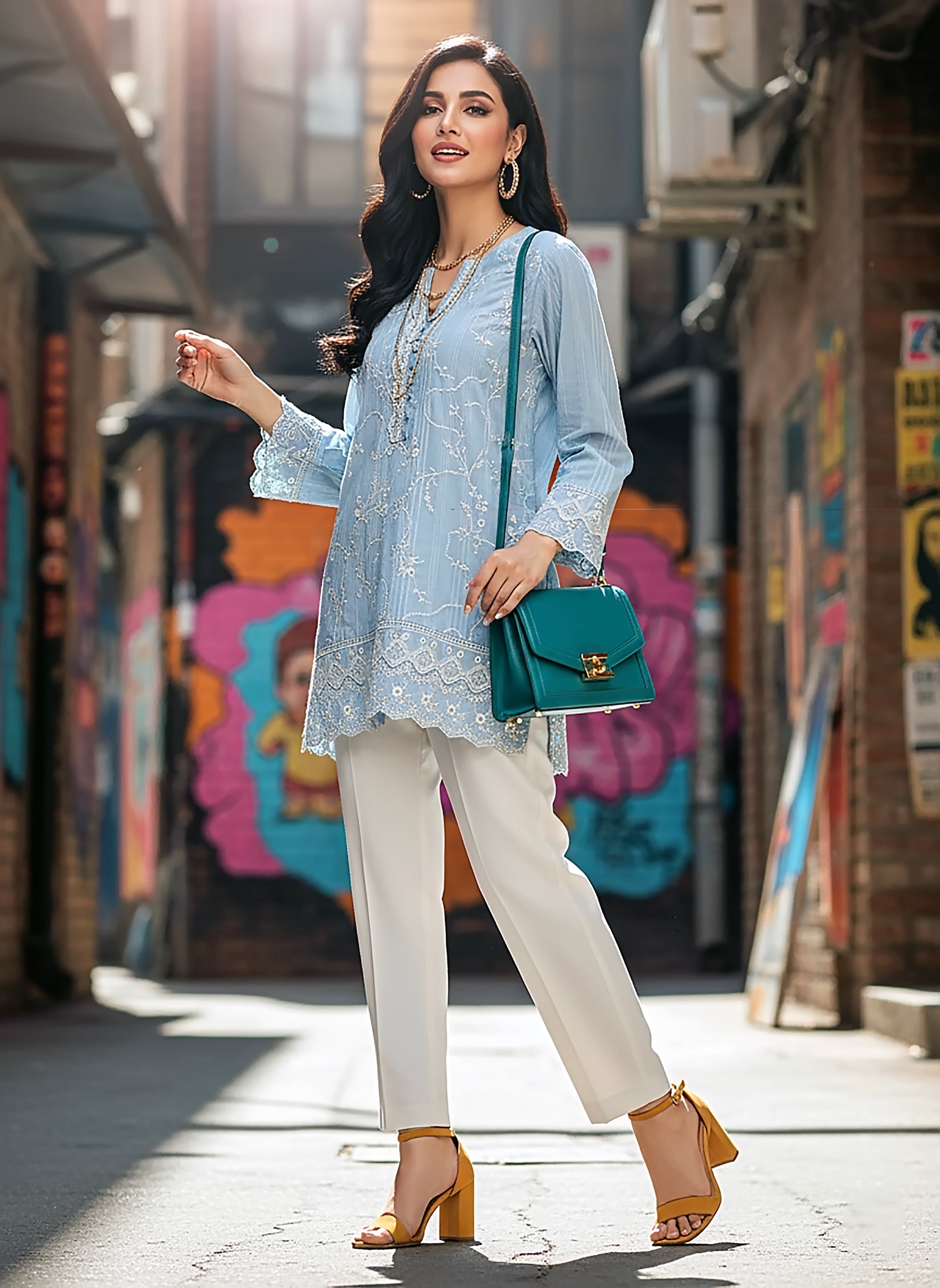 cambric Kurti in Sky blue