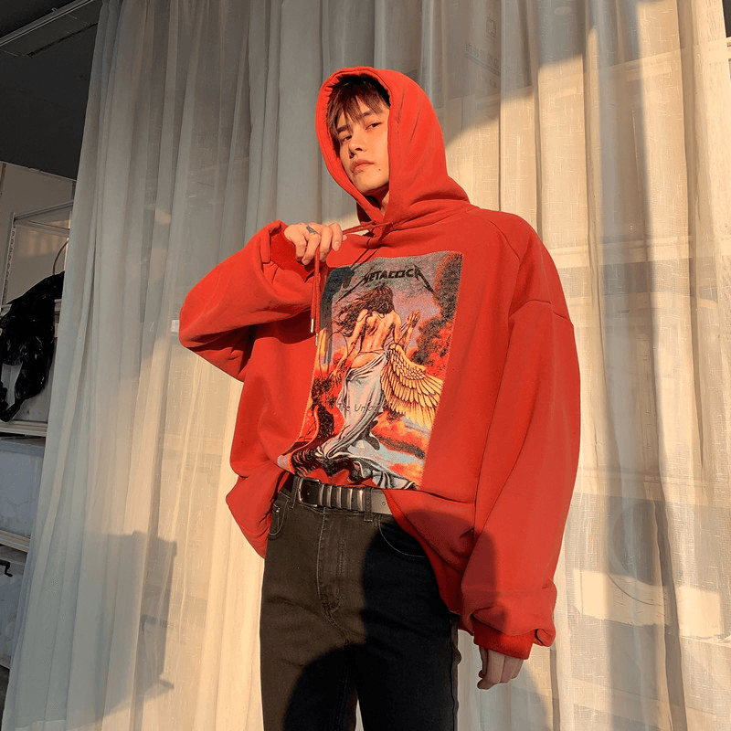 Hooded Hoodie Men'S Loose Plush Jet Offset Print Pullover Hoodie