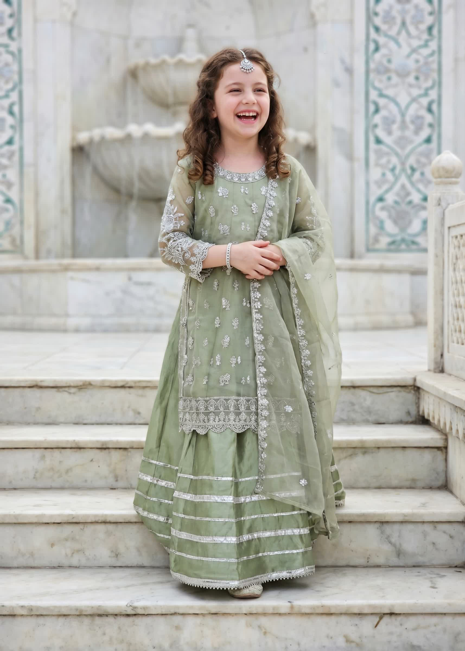 organza Lehenga in Pistachio green
