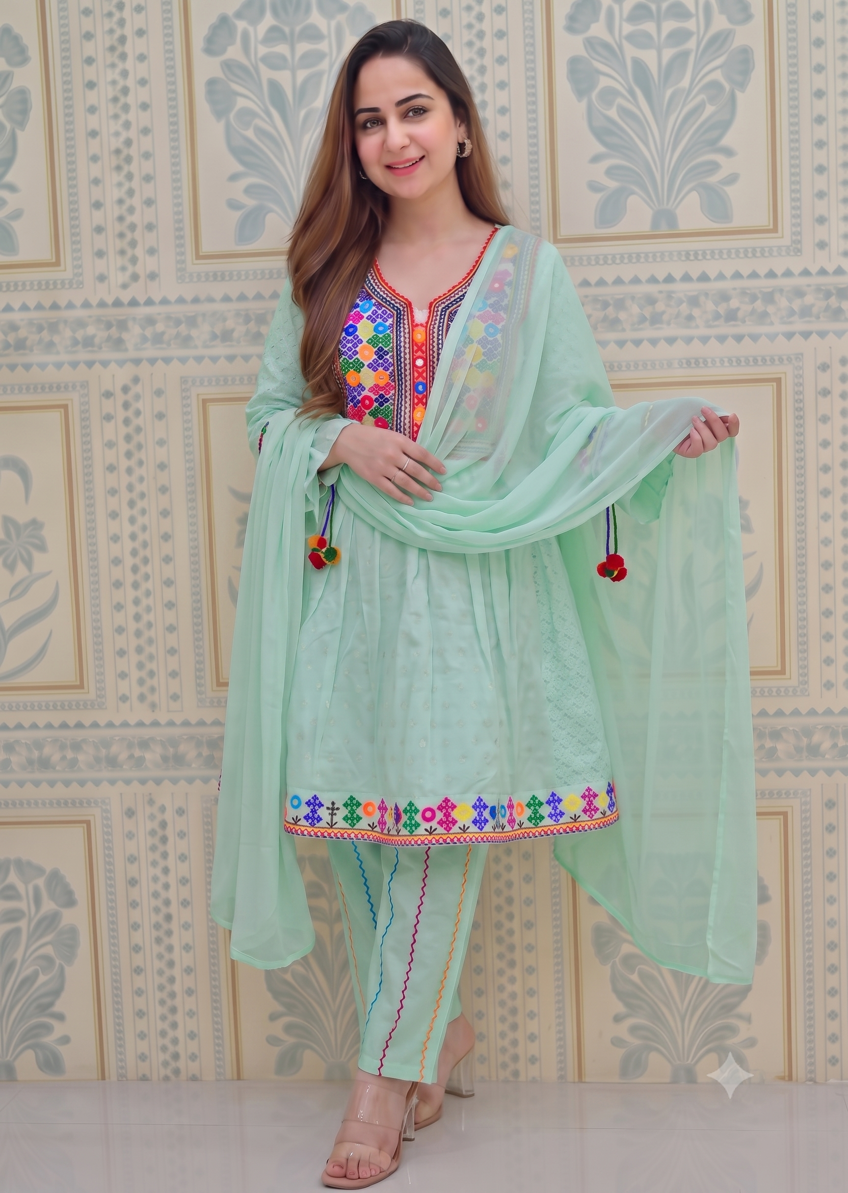 lawn cotton Short Frock in Mint green