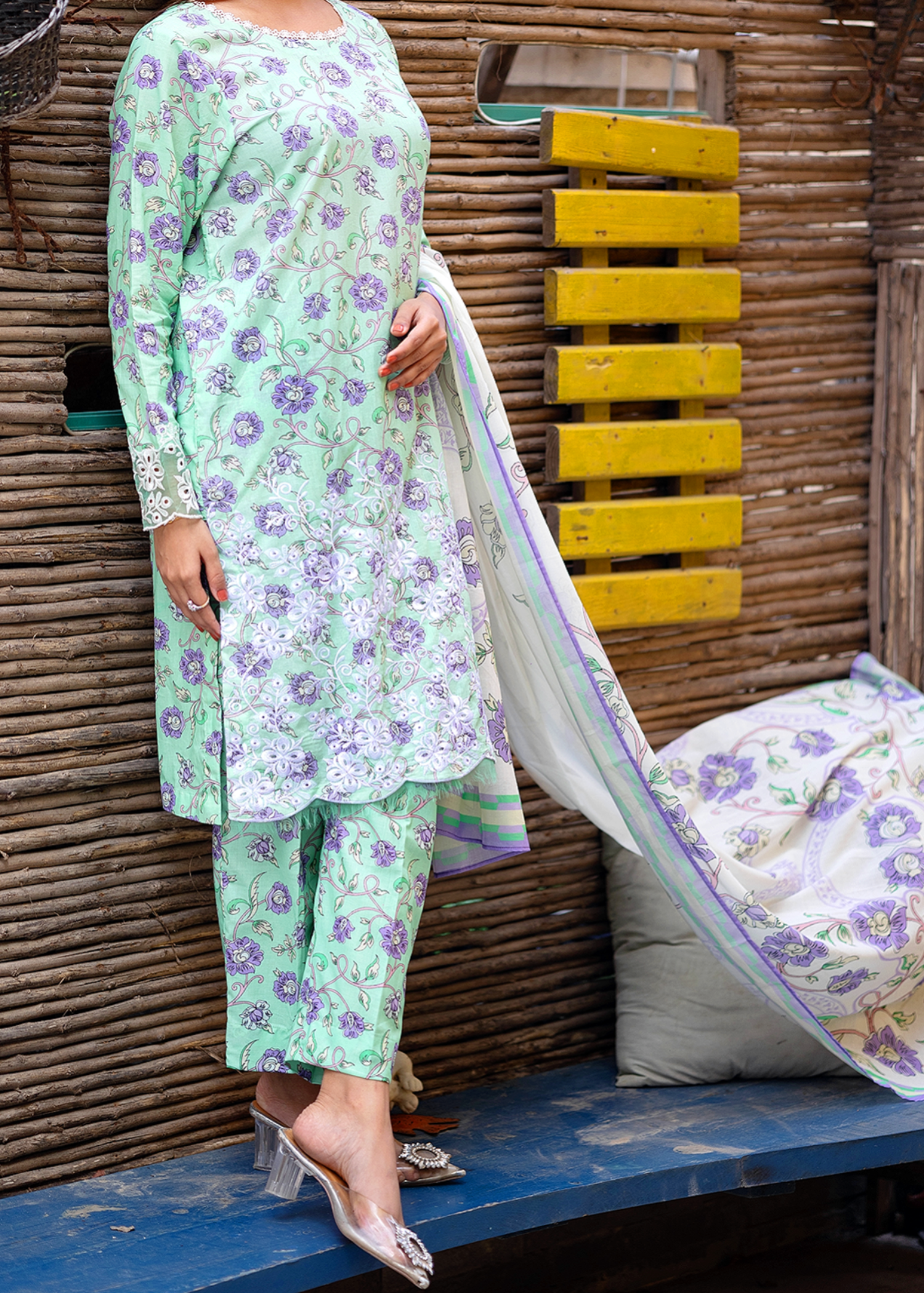 lawn Unstitched in Pastel green