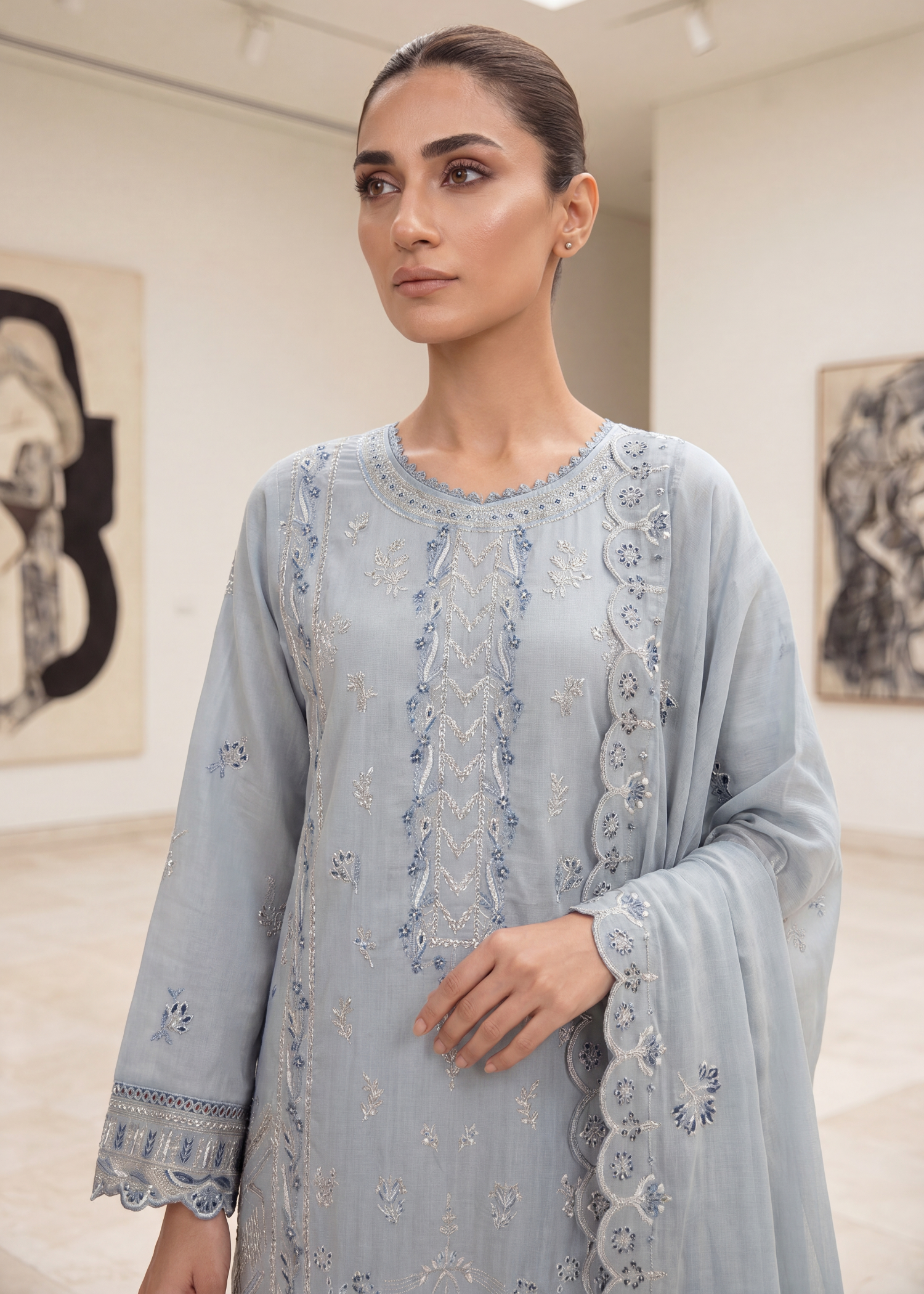 slub lawn Kurta Set in Steal grey
