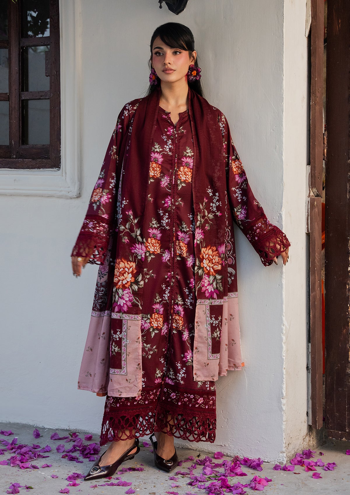 lawn Kurta Set in Blood red