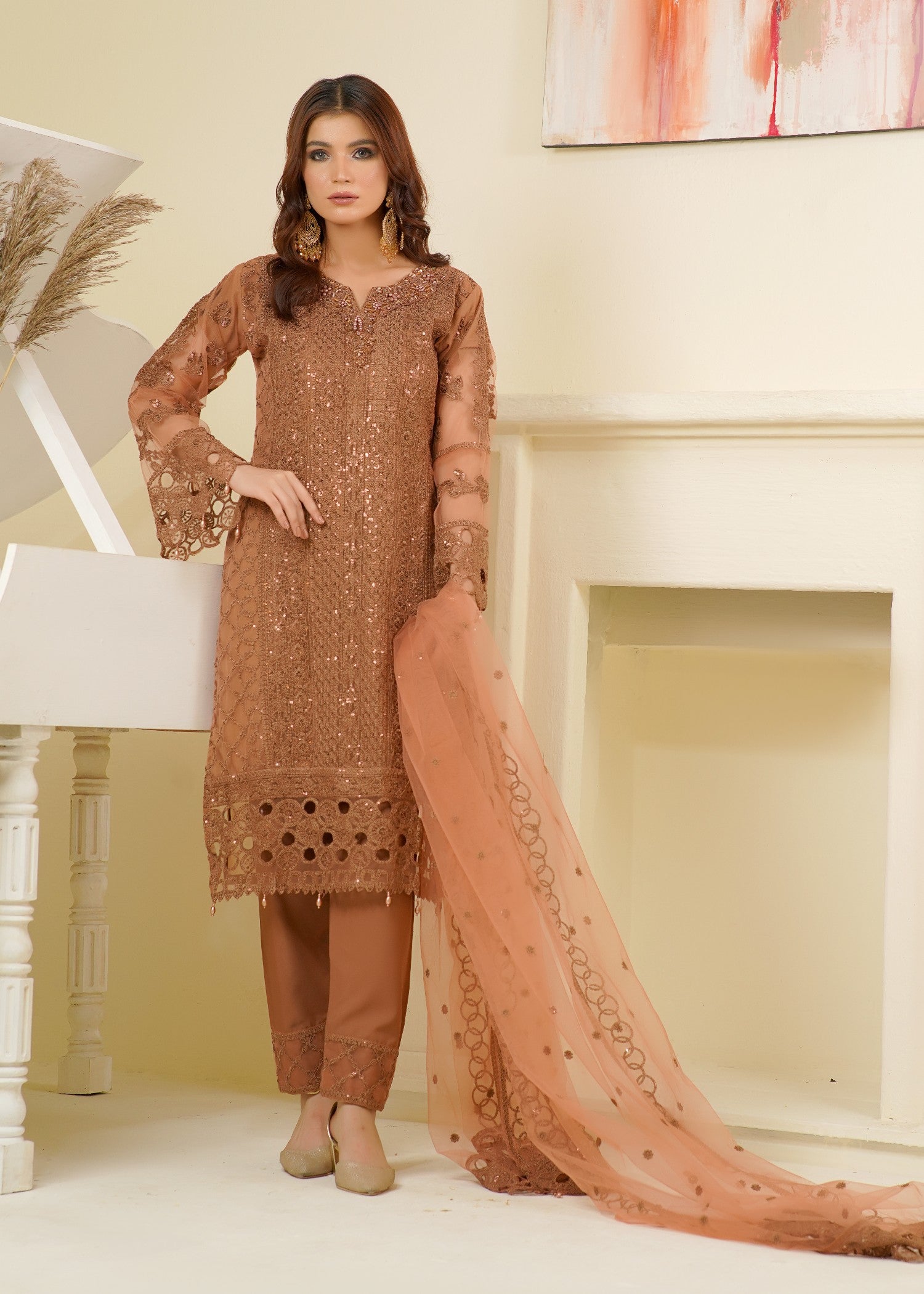 net Kurta Set in Brown