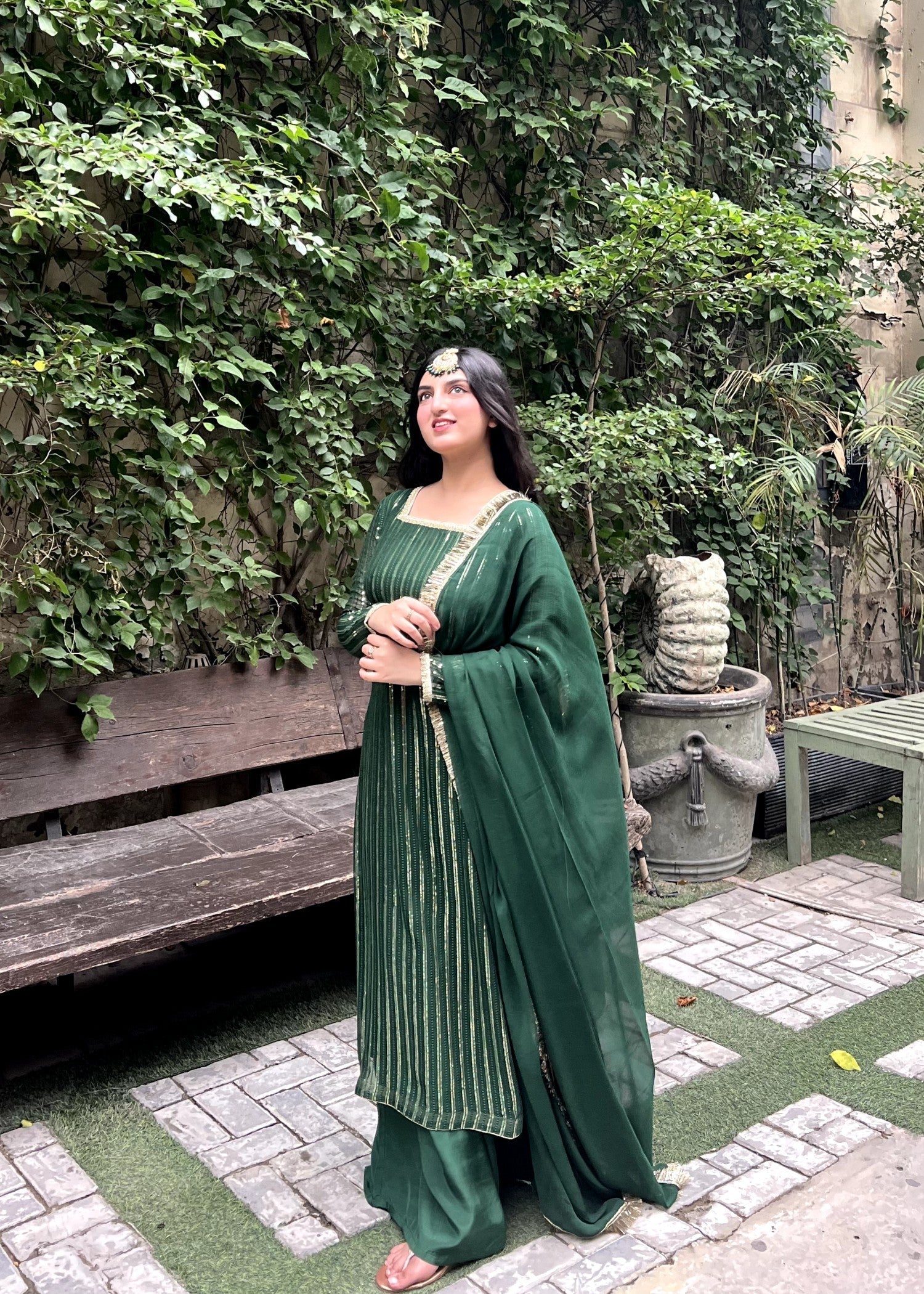 chiffon Kurta Set in Bottle green