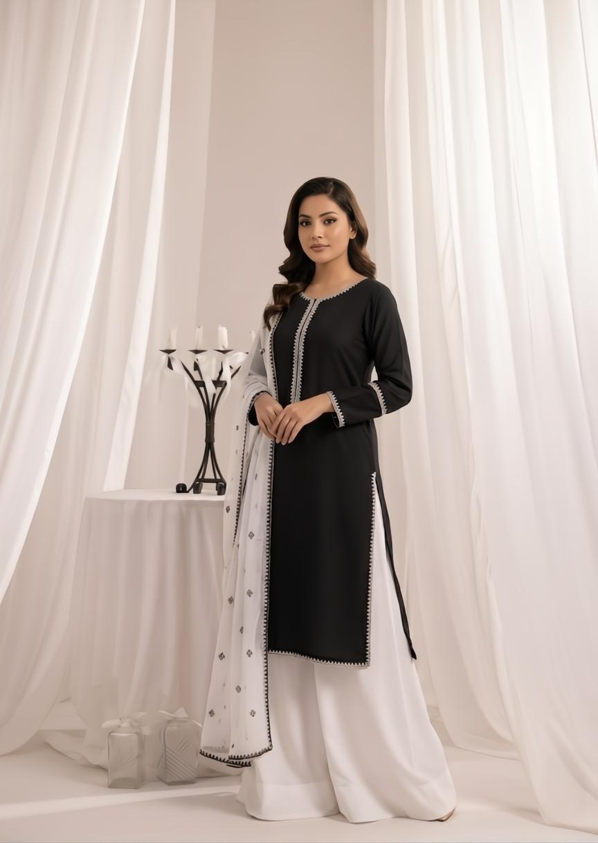 lawn cotton Sharara in Black, white