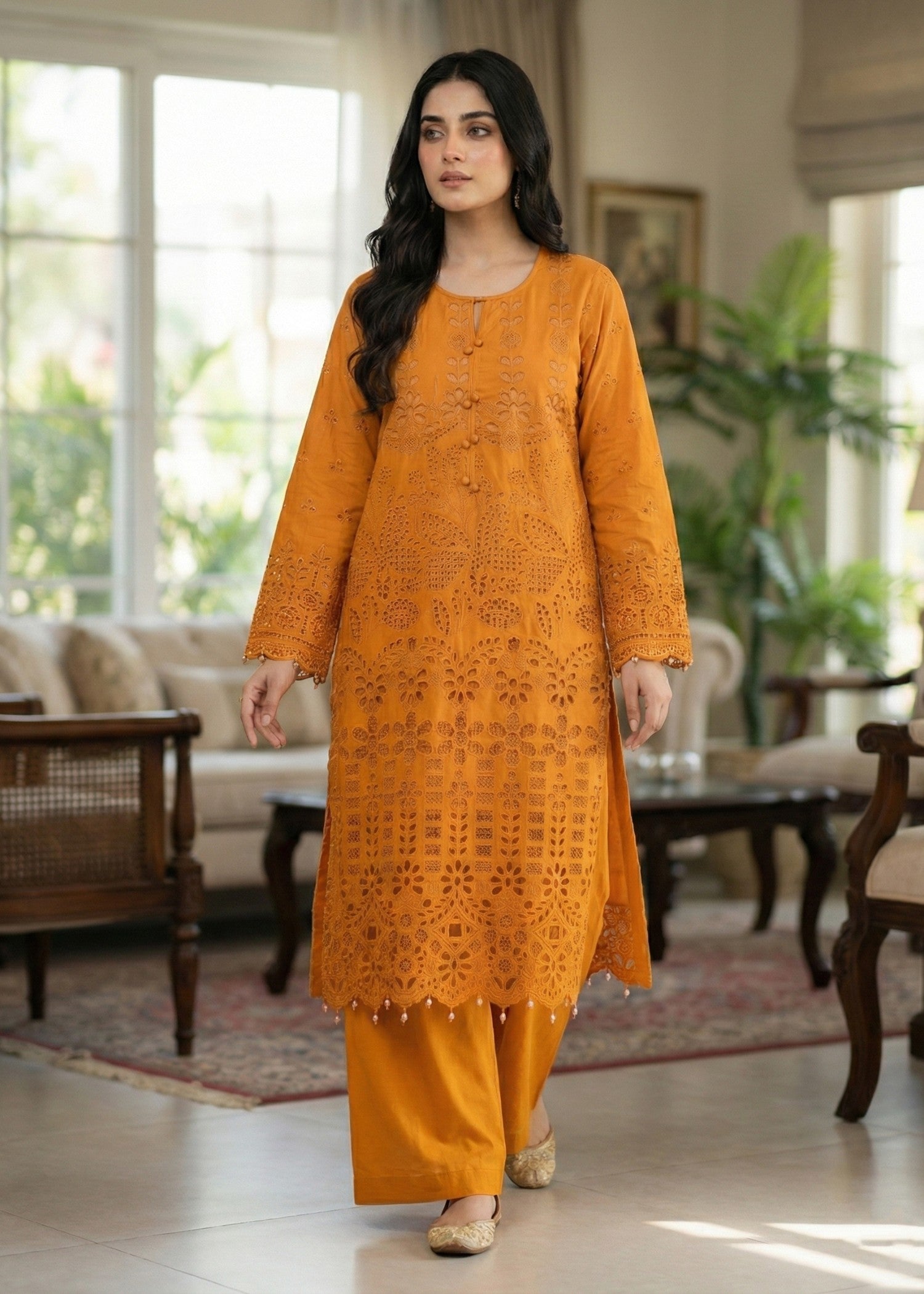 chikankari cotton Kurta Set in Mustard
