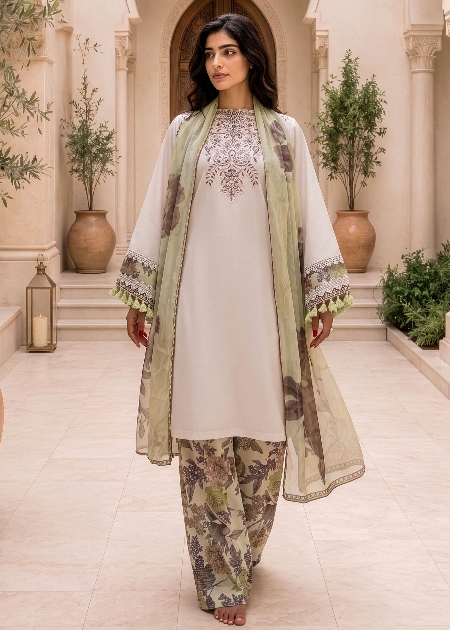 lawn cotton Kurta Set in Off-white