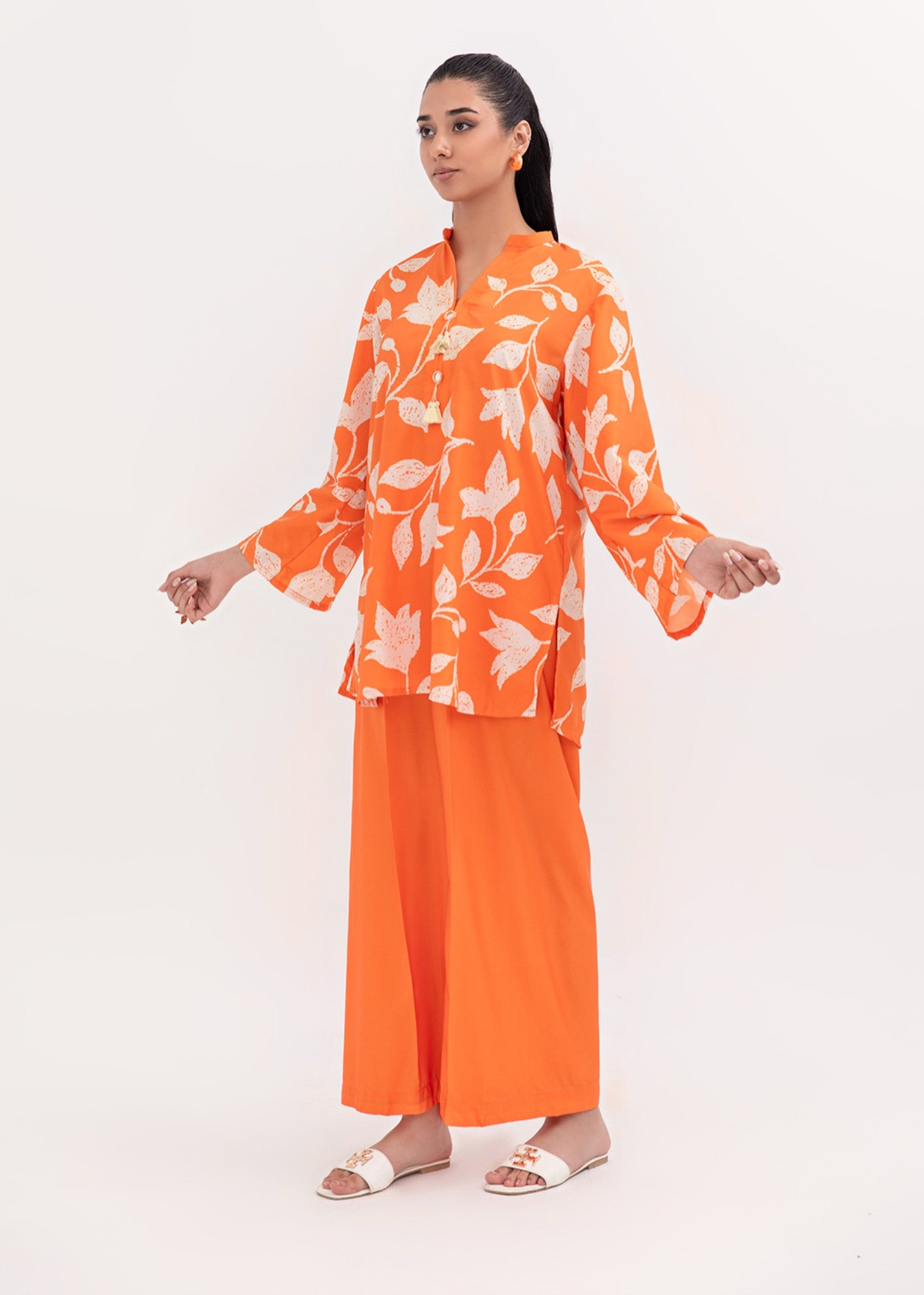 silk finish lawn Kurta Set in Pumpkin orange