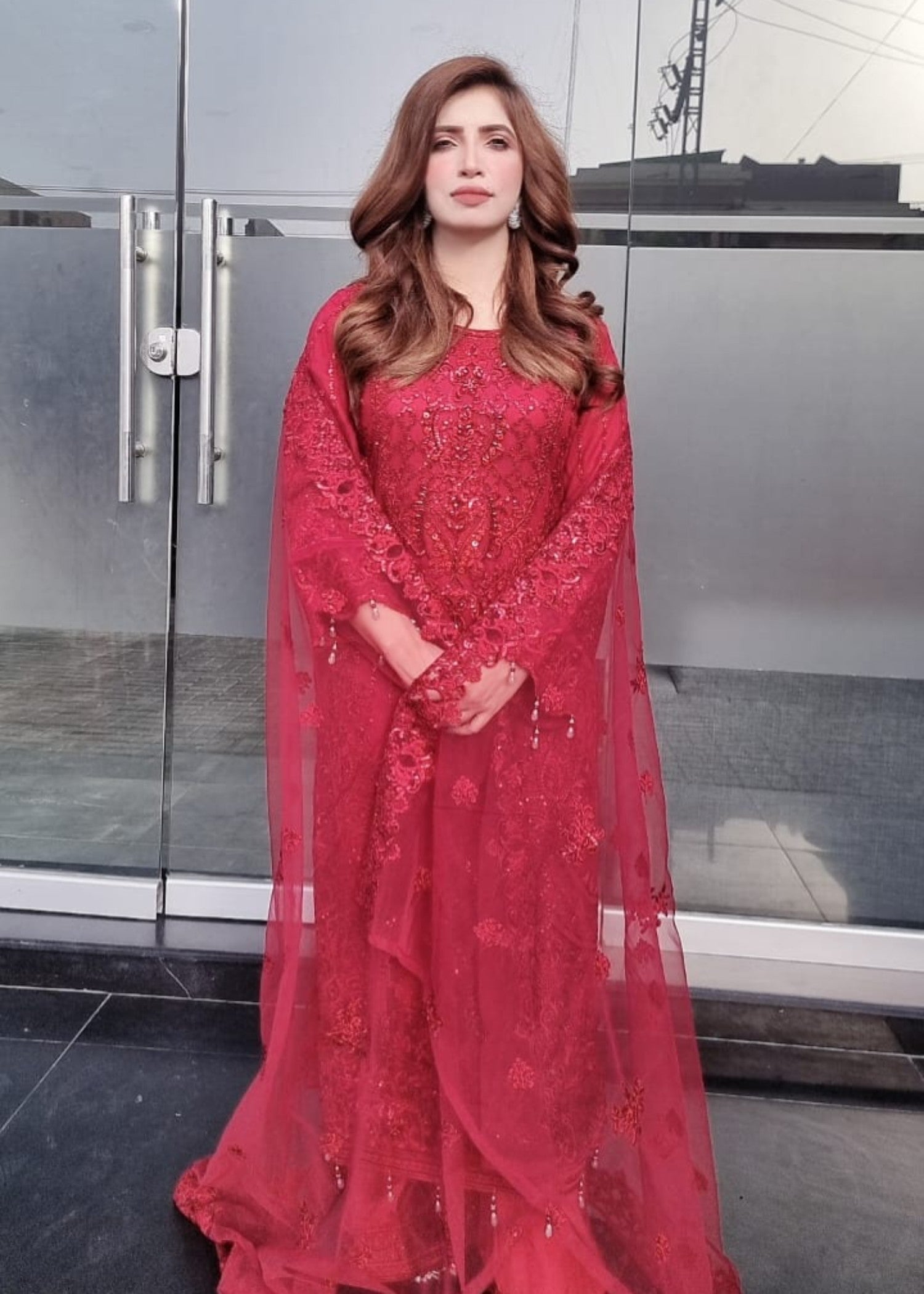 net Kurta Set in Blood red