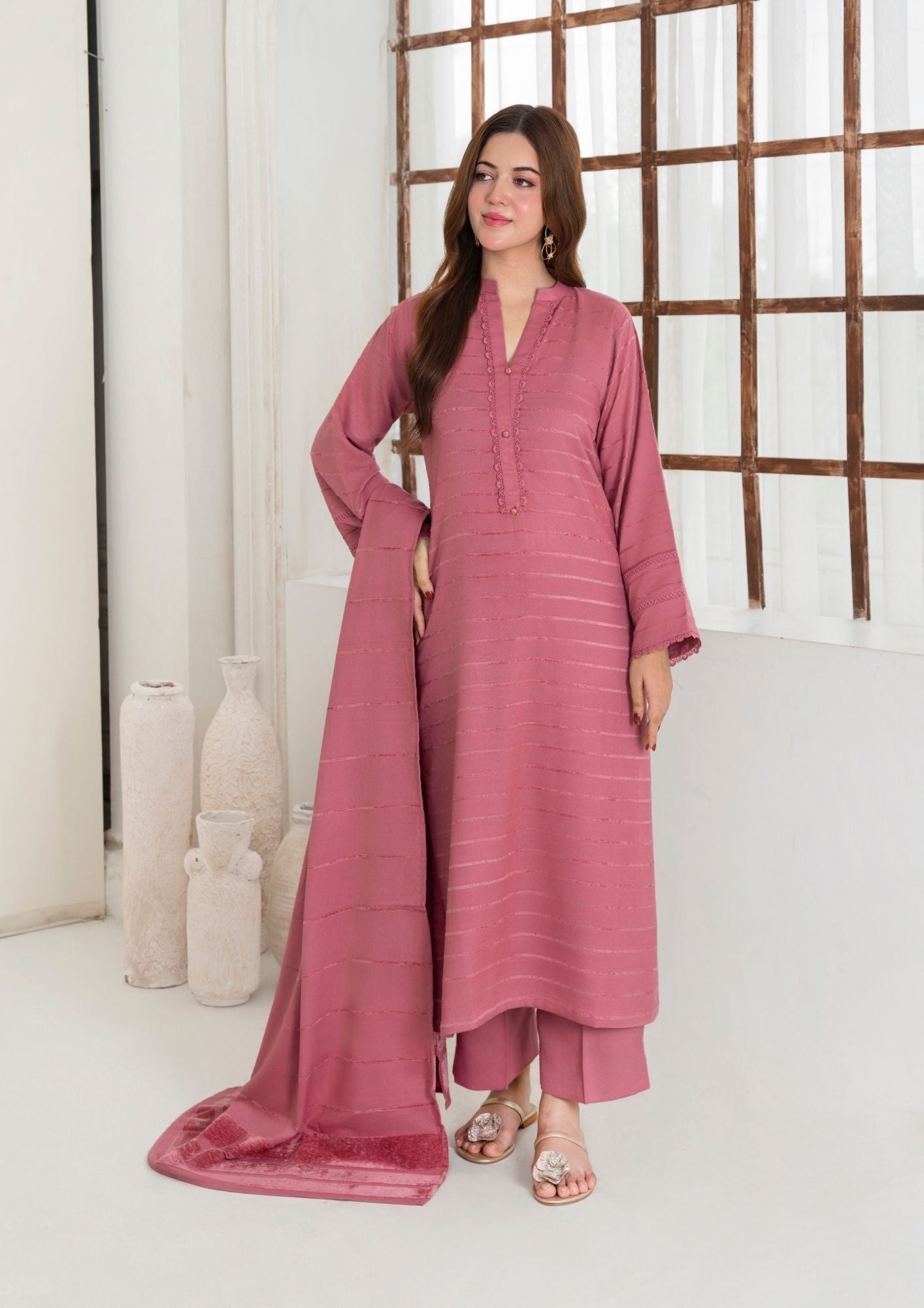 dhanak wool Kurta Set in Tea rose pink