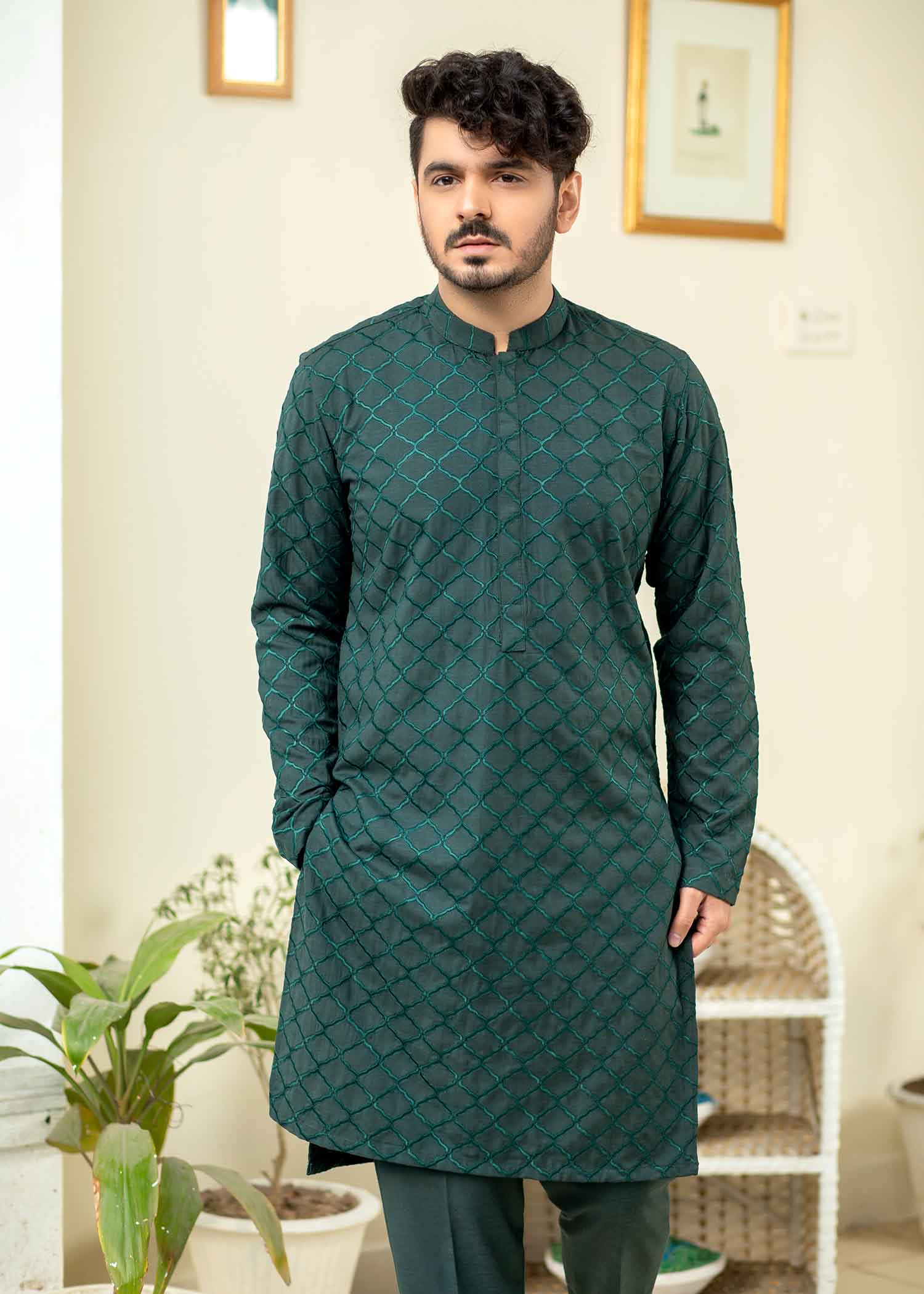 wash & wear Kurta Set in Green by Ahmad Raza