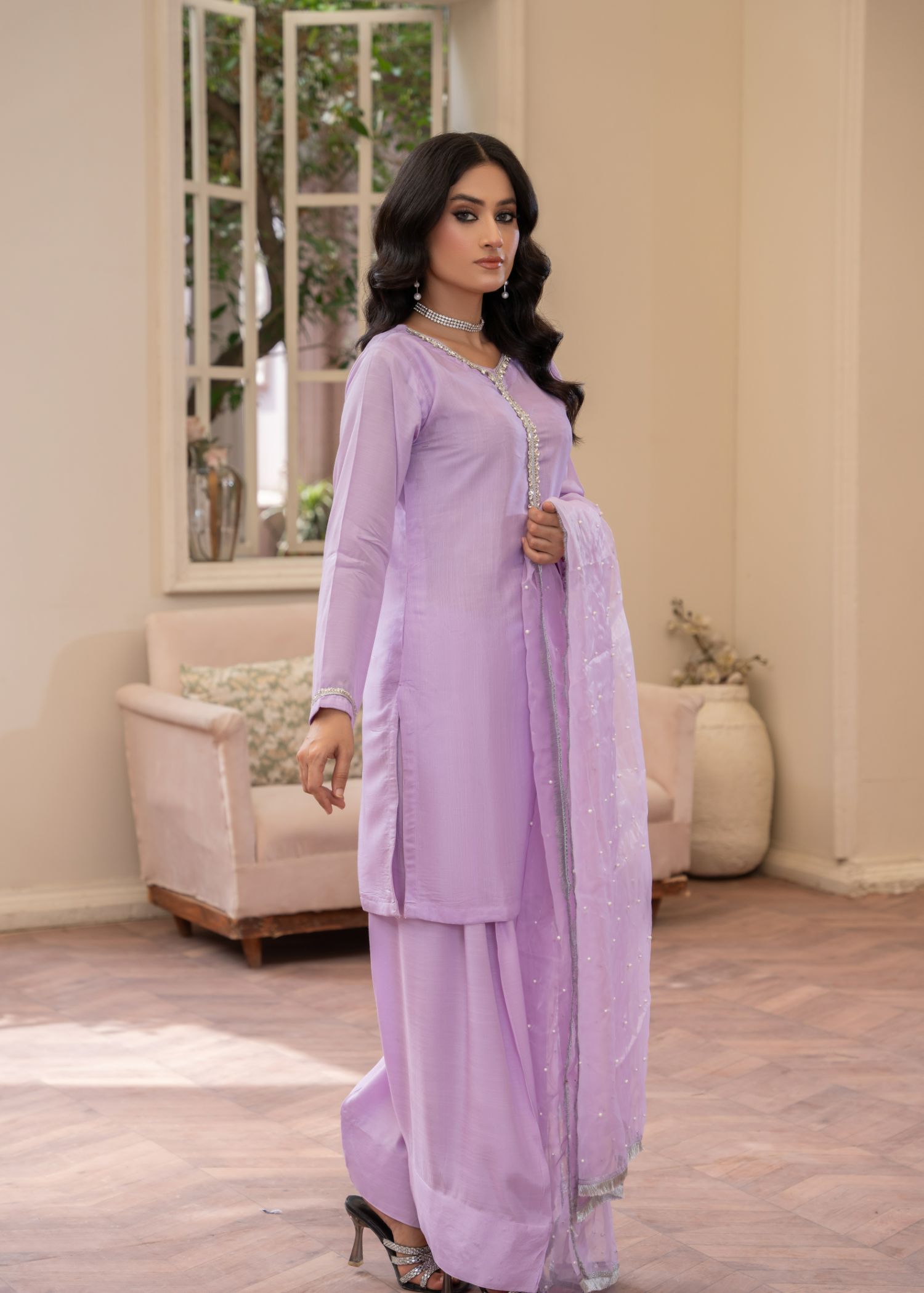 viscose thai silk Kurta Set in Lavender mist