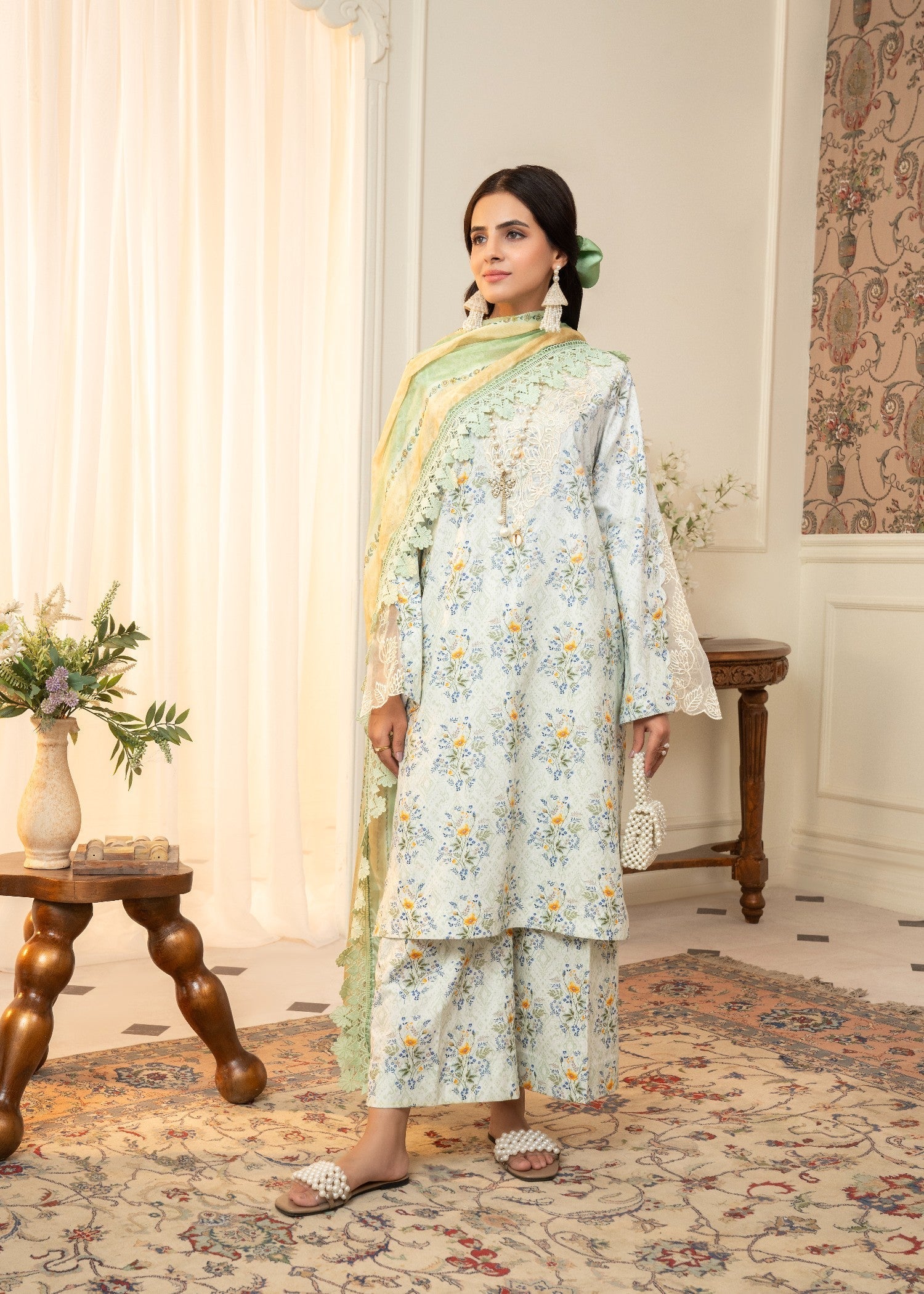 lawn cotton Kurta Set in Cloud blue