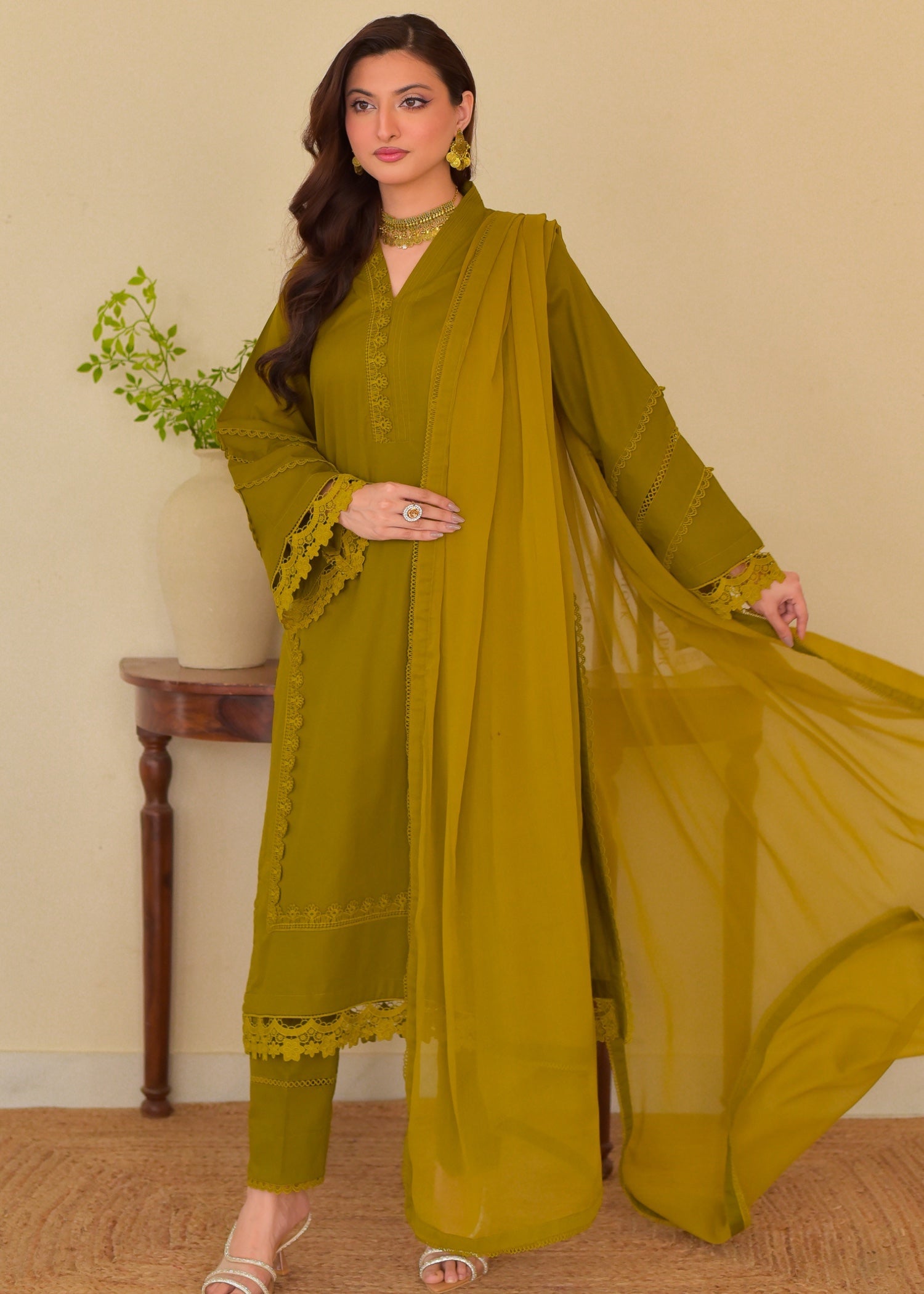 khaddar Kurta Set in Yellow green