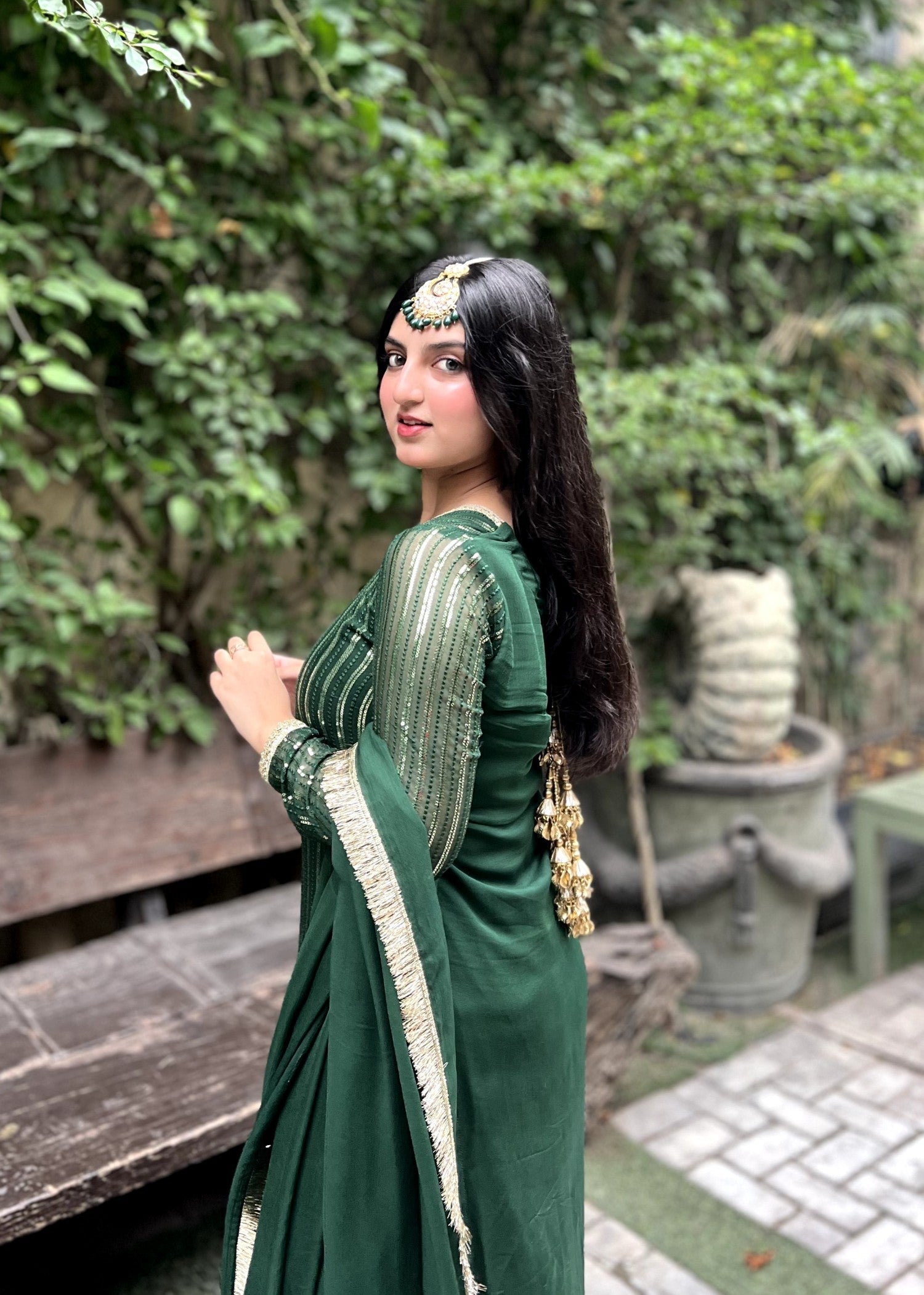 chiffon Kurta Set in Bottle green