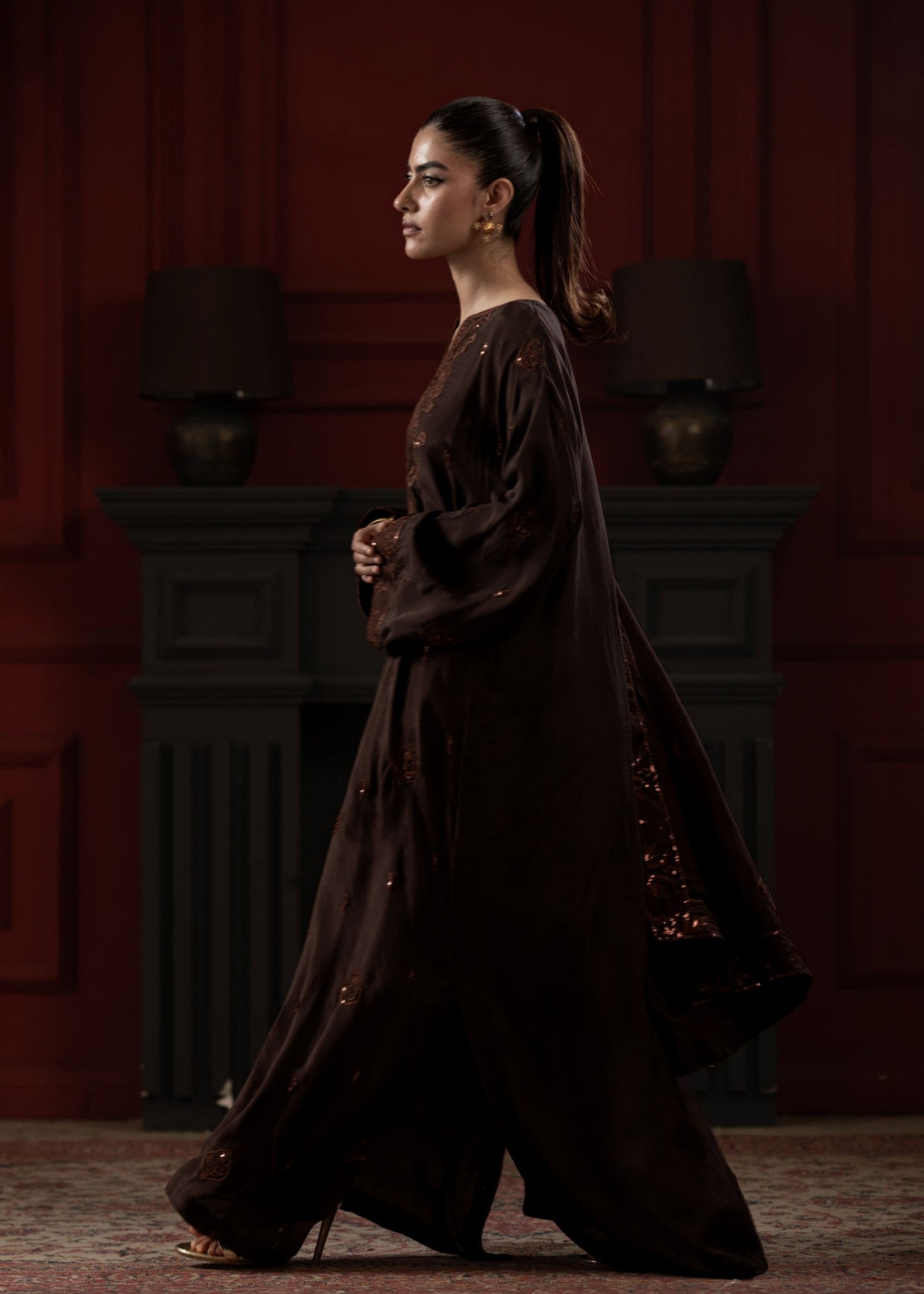 raw silk Kaftan in Brunette brown