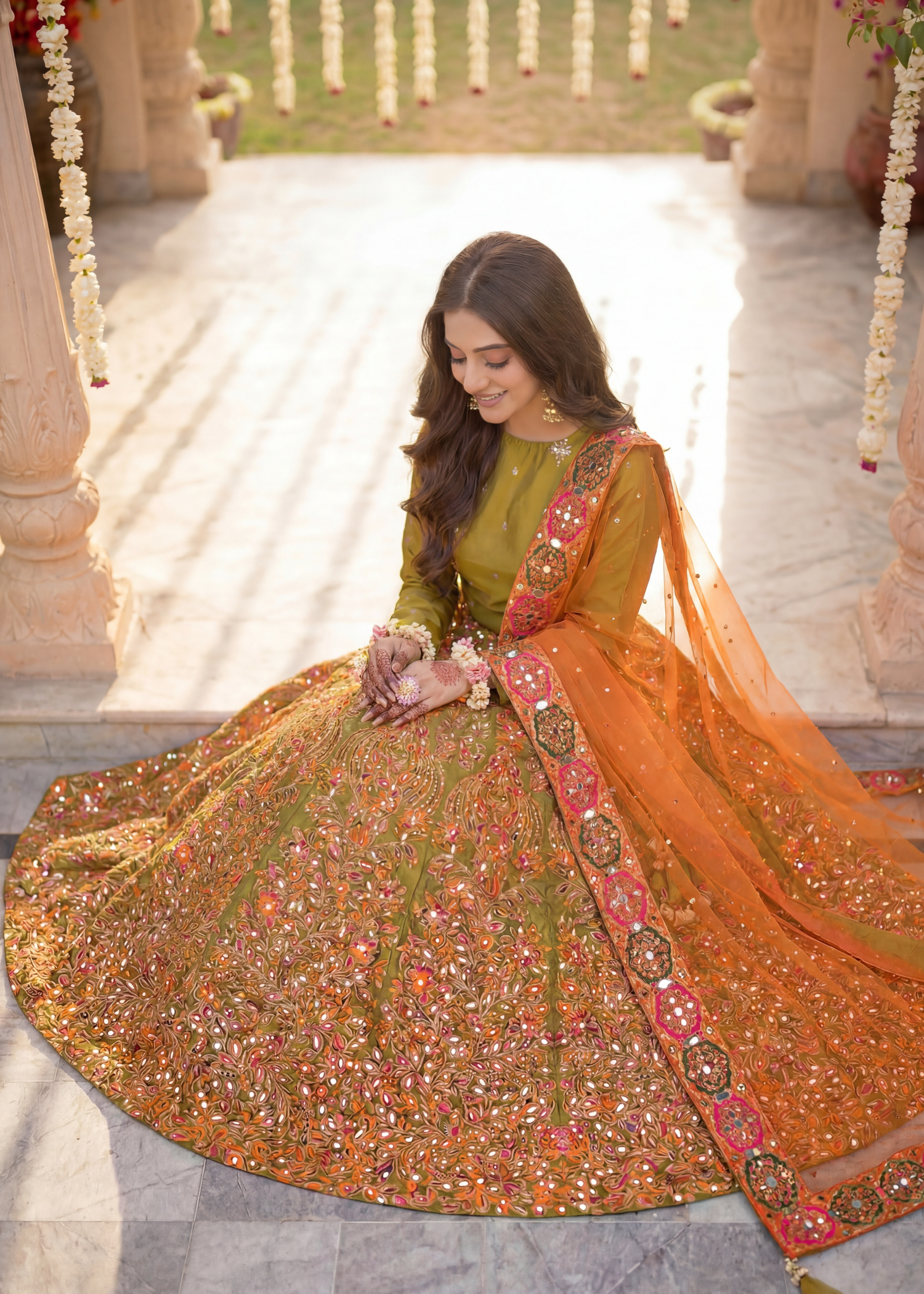 kattan silk Lehenga in Orange, olive green