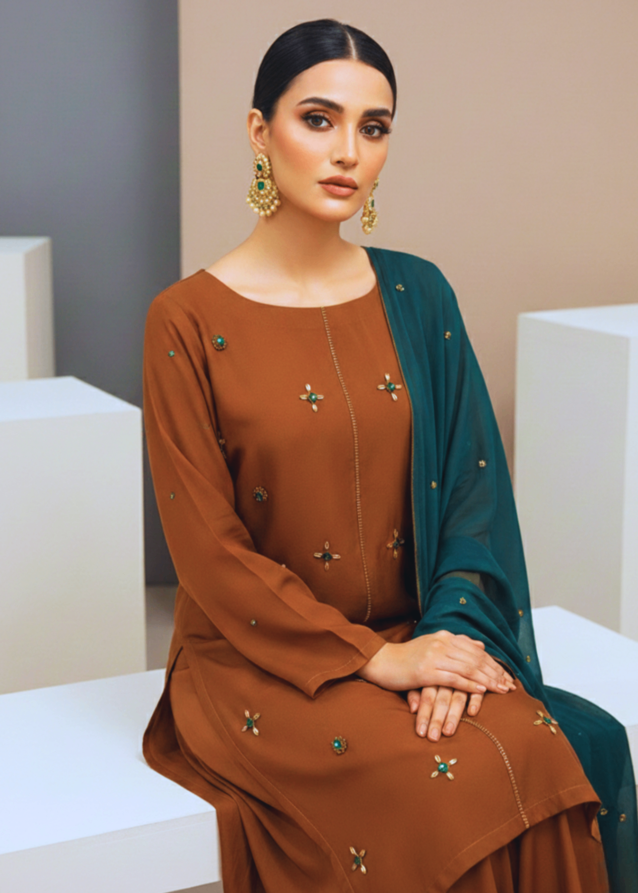 silk Kurta Set in Saffron, green