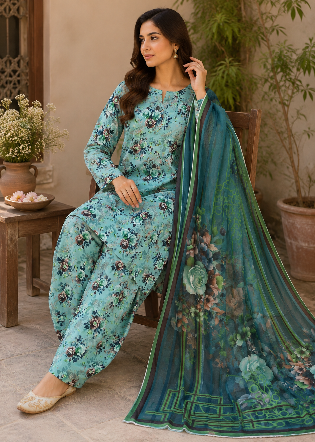 swiss lawn Unstitched in Turquoise