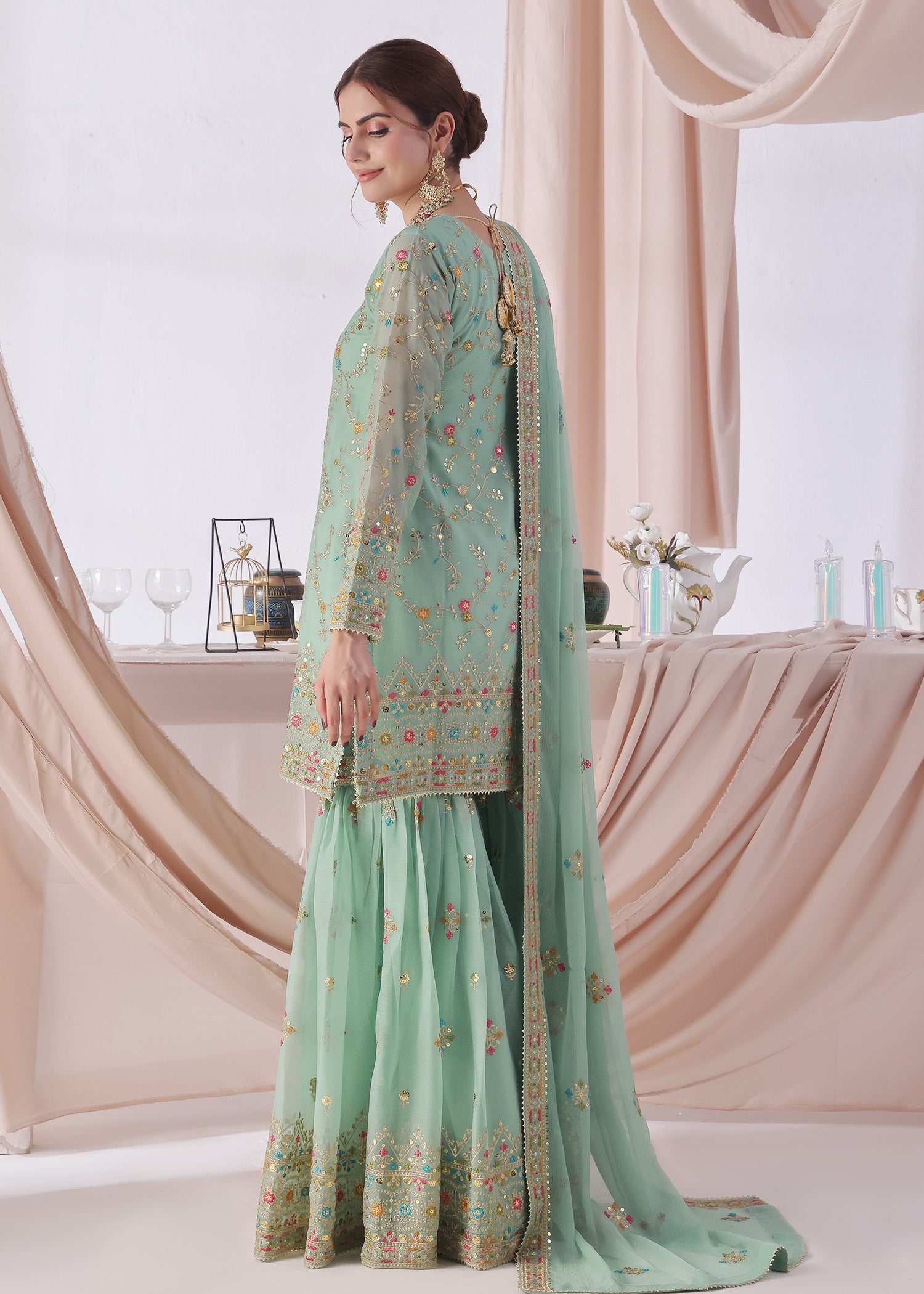 chiffon Gharara in Aquamarine