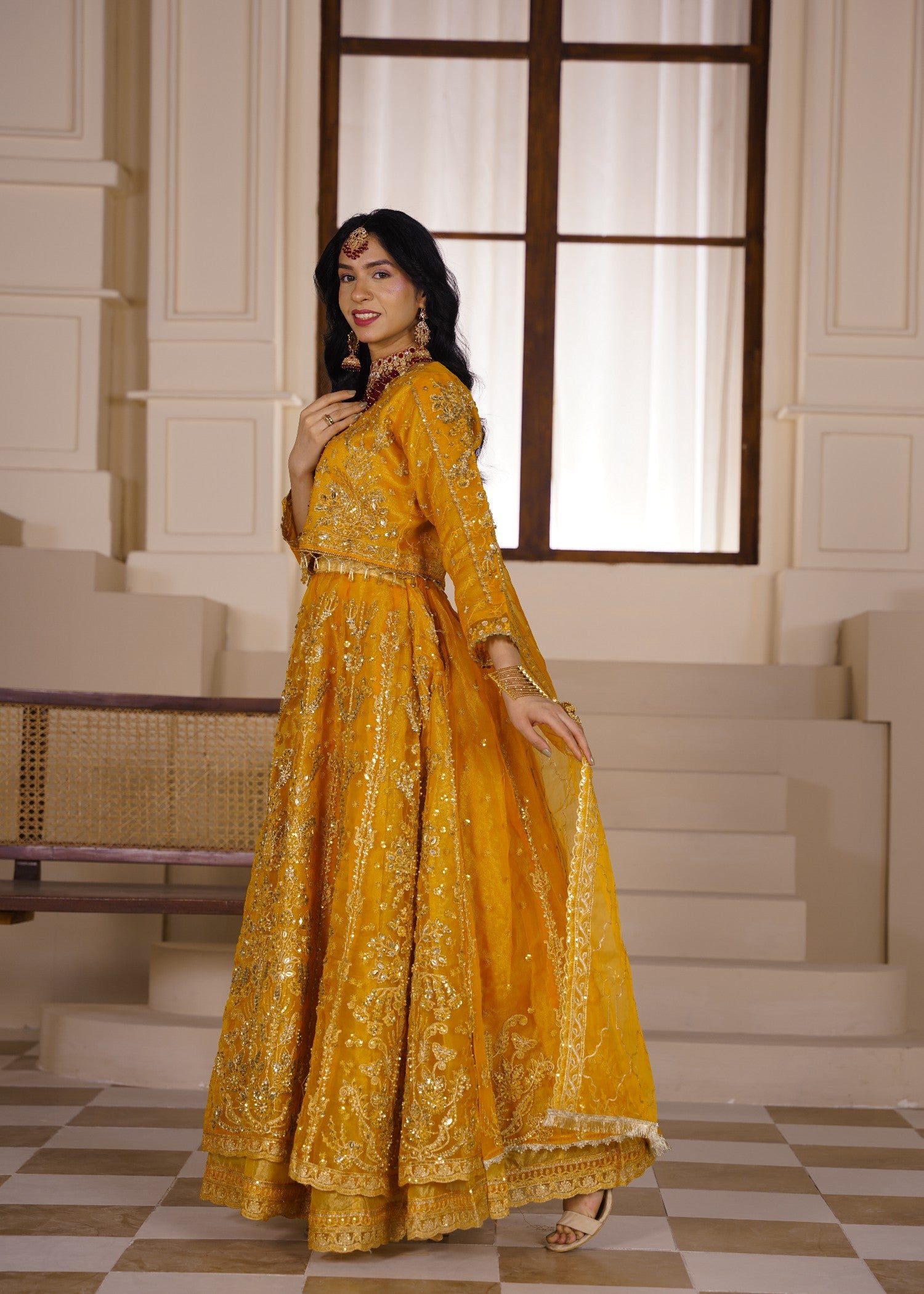 organza Lehenga in Marigold