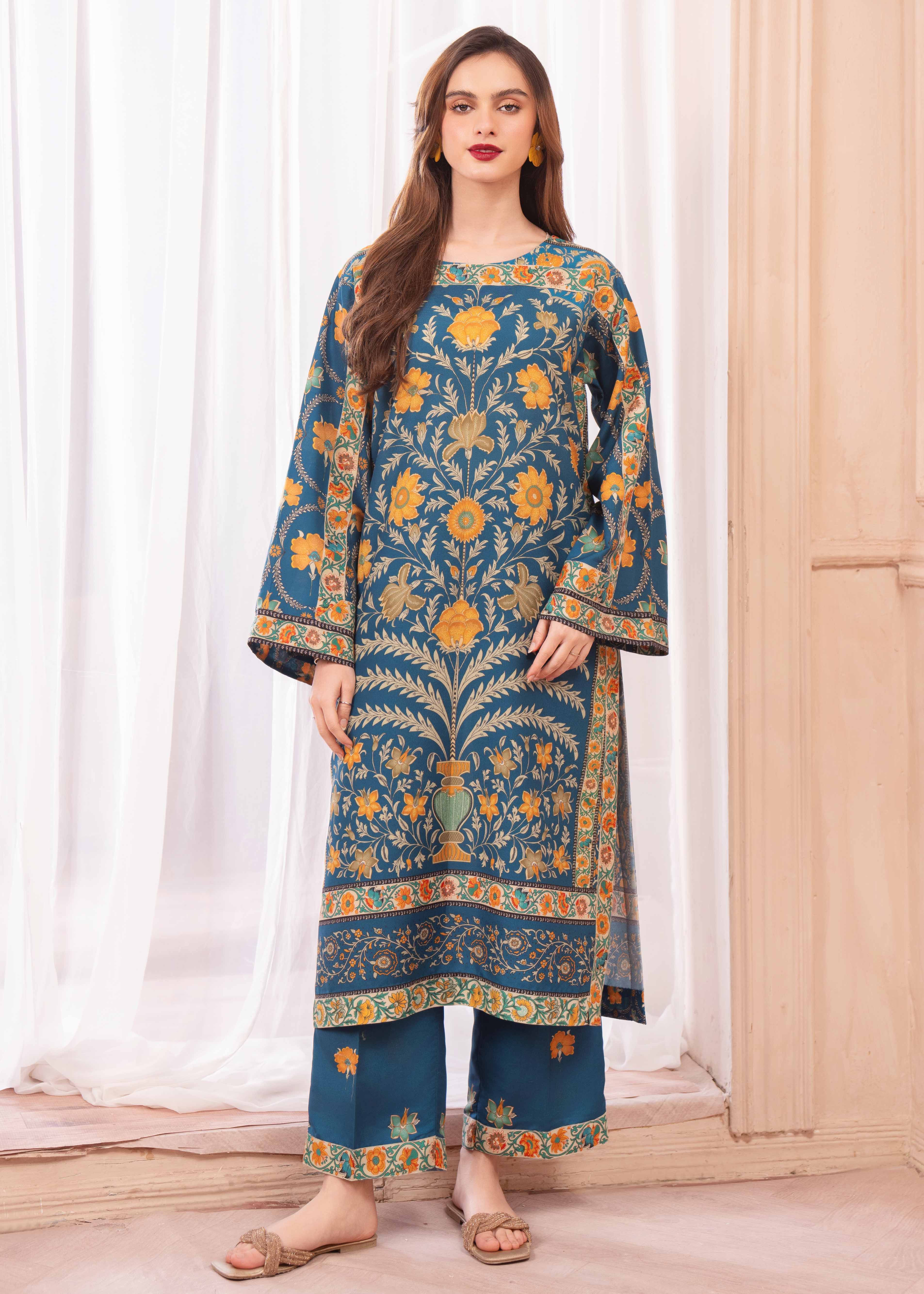 silk finish lawn Kurta Set in Teal
