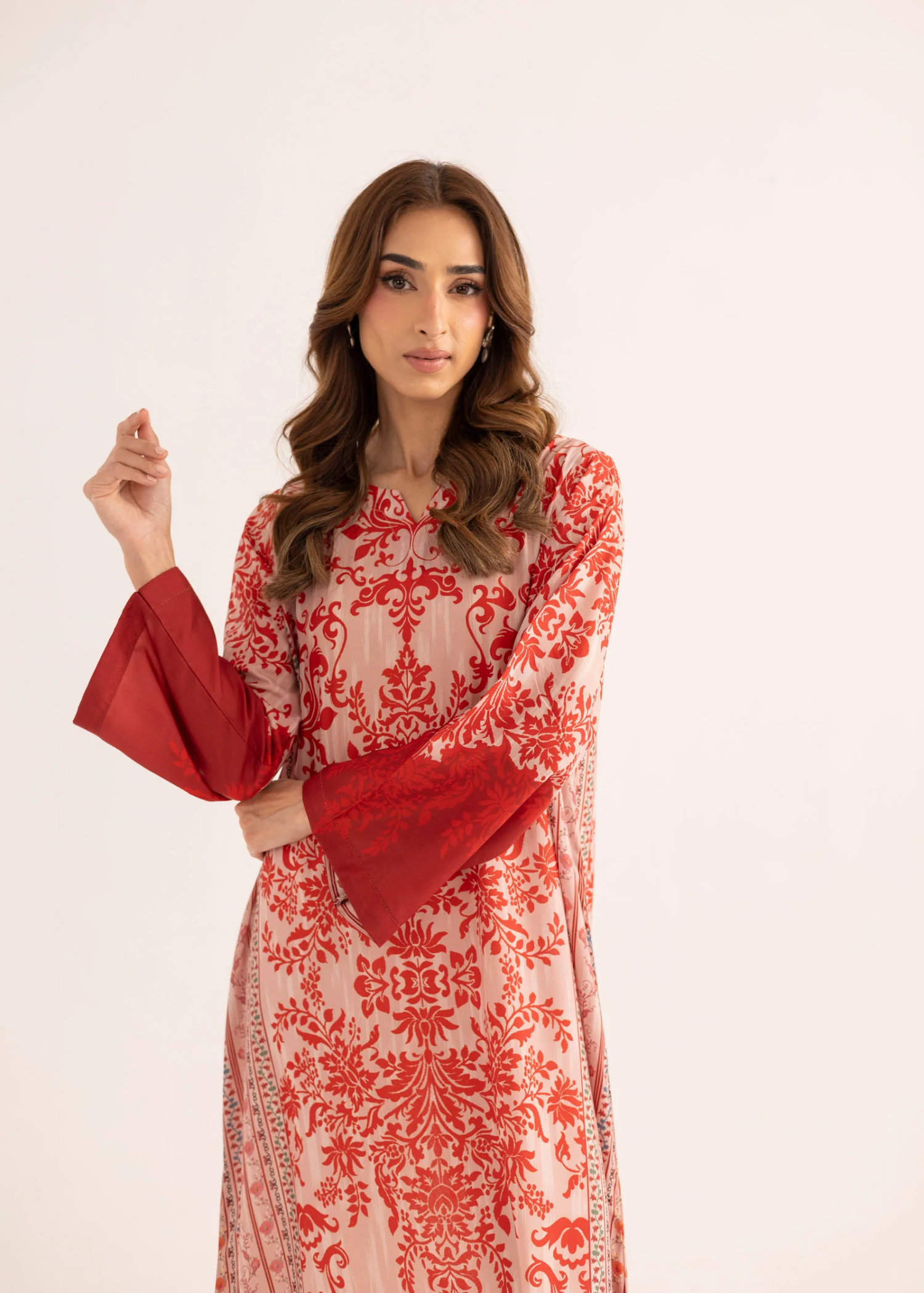 silk finish lawn Kaftan in Chili red