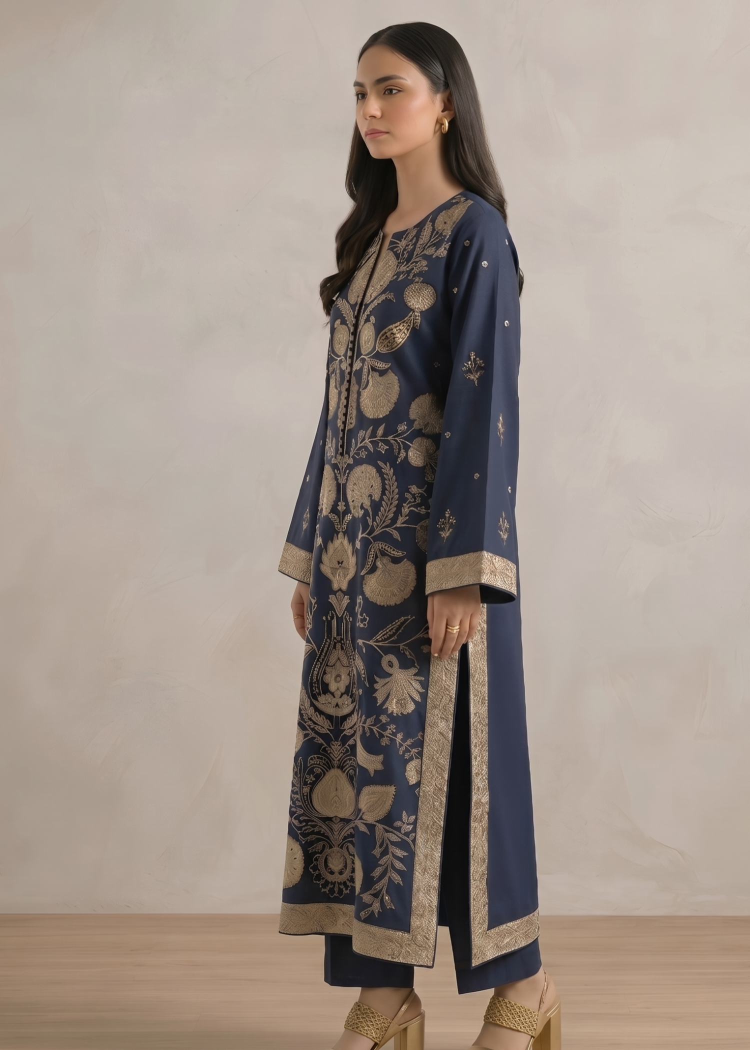 cambric cotton Kurta Set in Tan brown, midnight blue