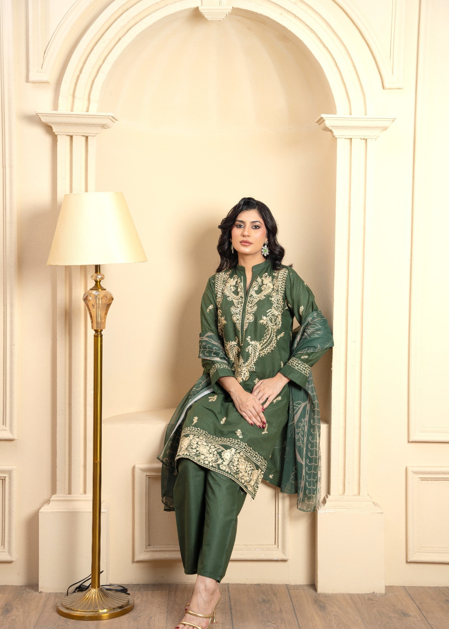 cambric Kurta Set in Olive green