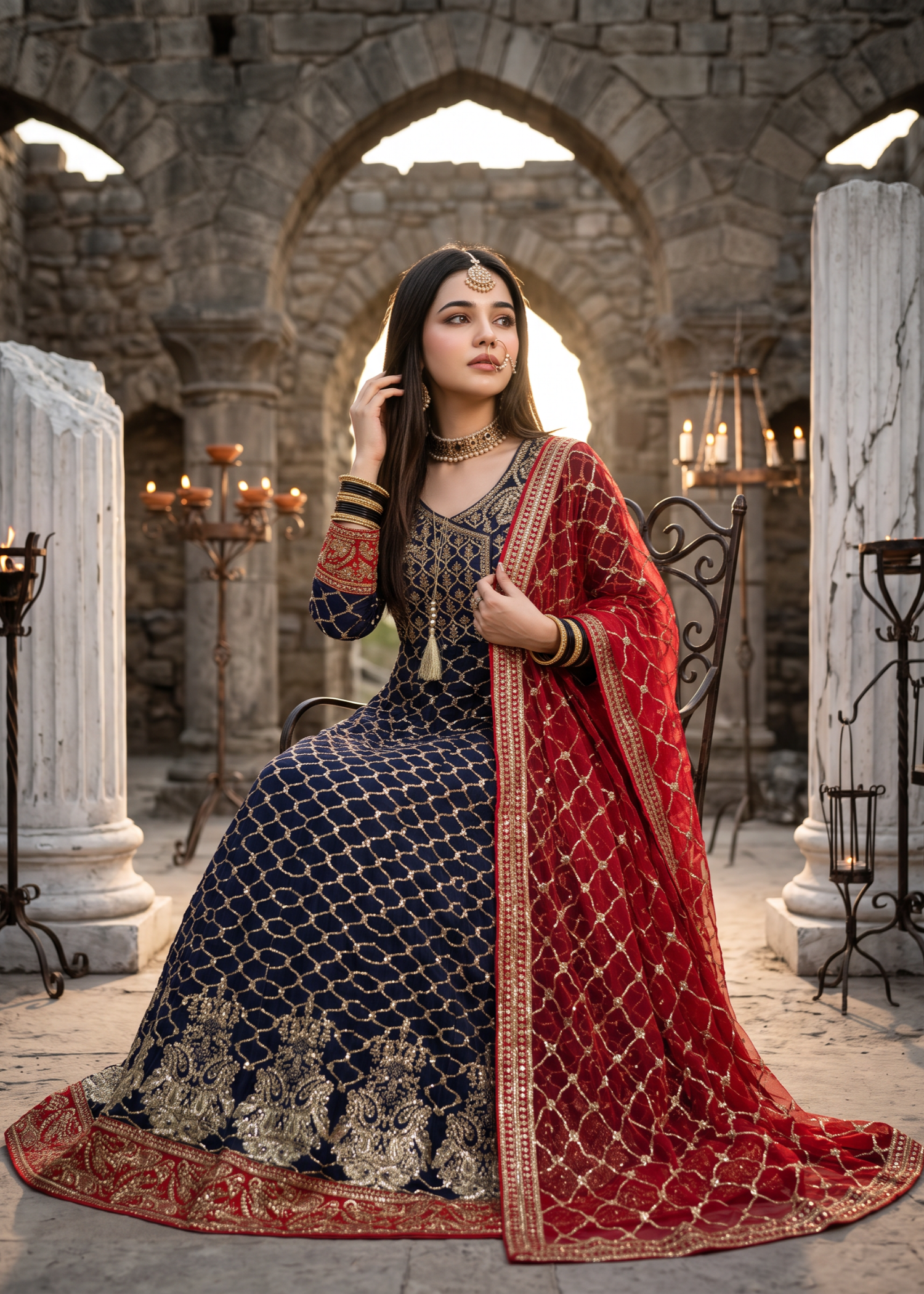 chiffon Angrakha in Navy blue, red