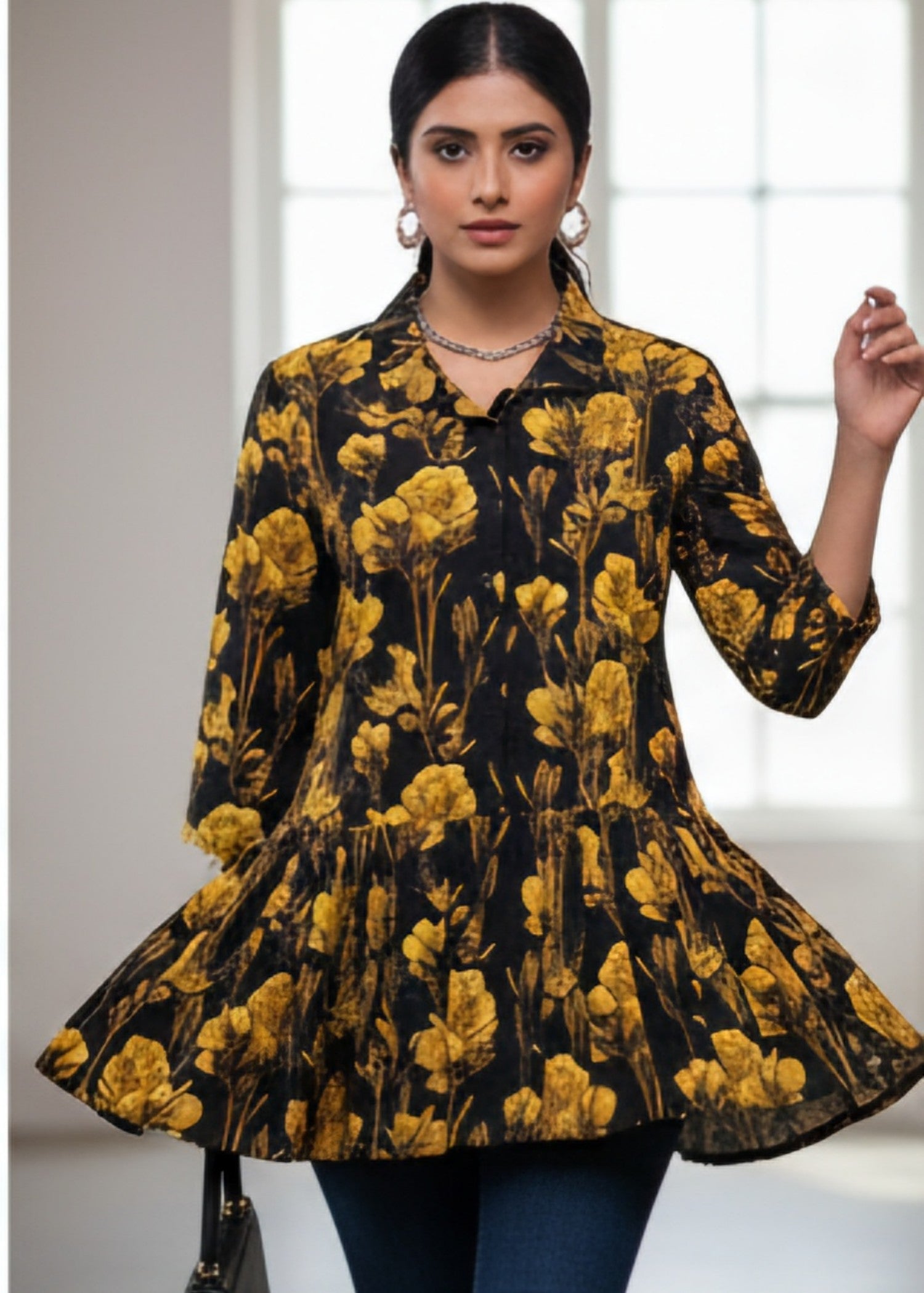 slub khaddar Top in Black, gold