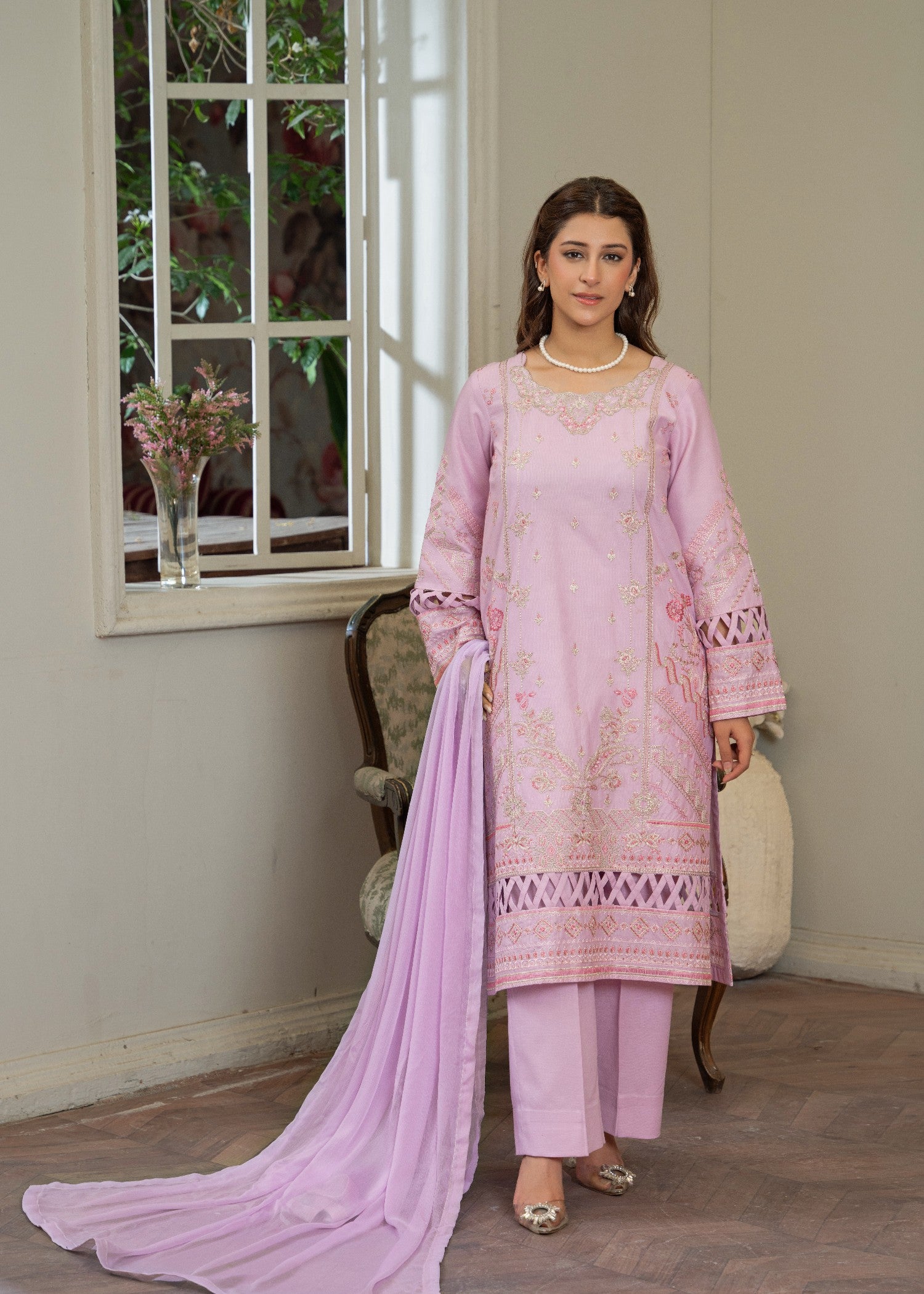 ribbed lawn Kurta Set in Cotton candy