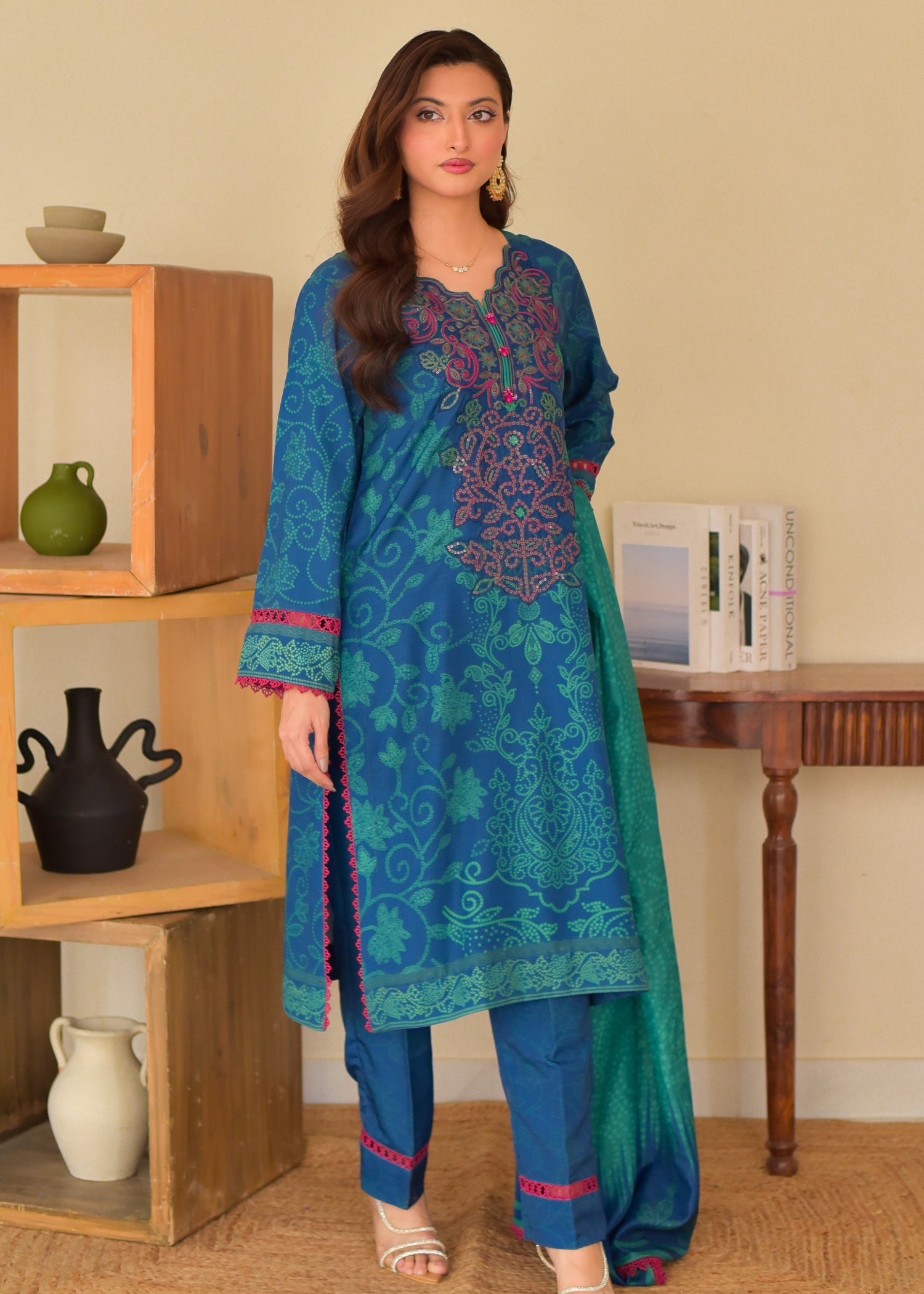 slub cambric Kurta Set in Royal blue
