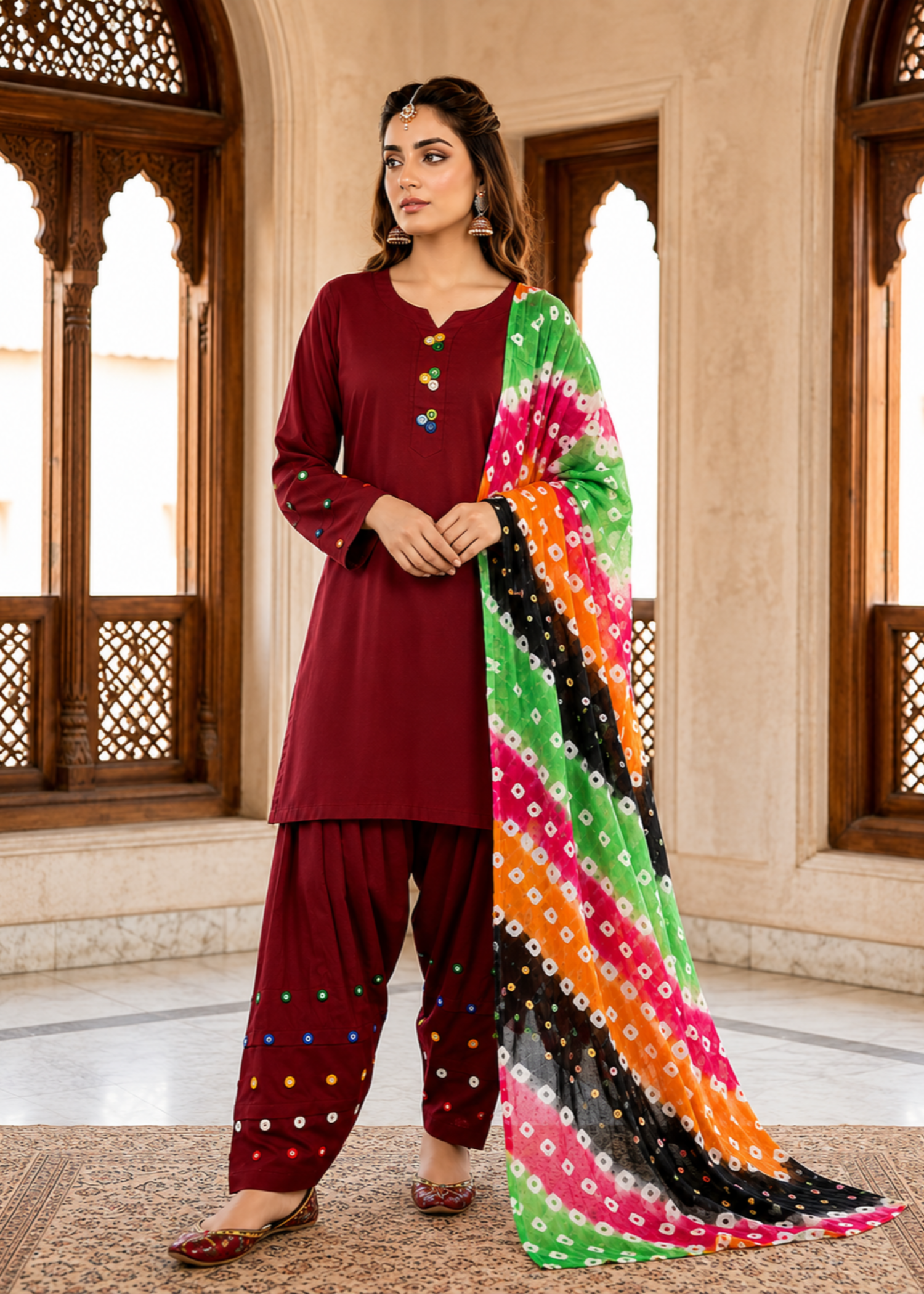 lawn cotton Kurta Set in Persian red