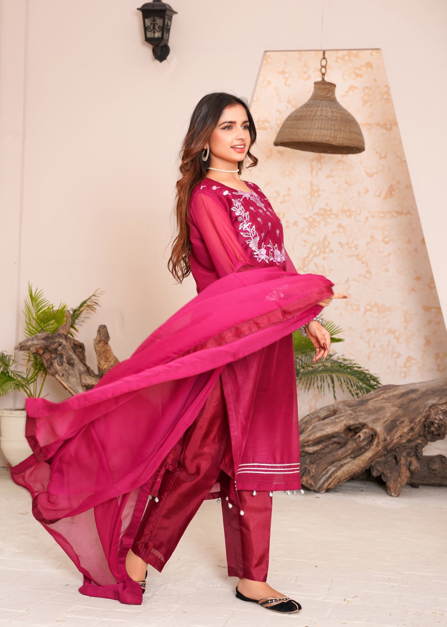 chiffon Kurta Set in Burgundy
