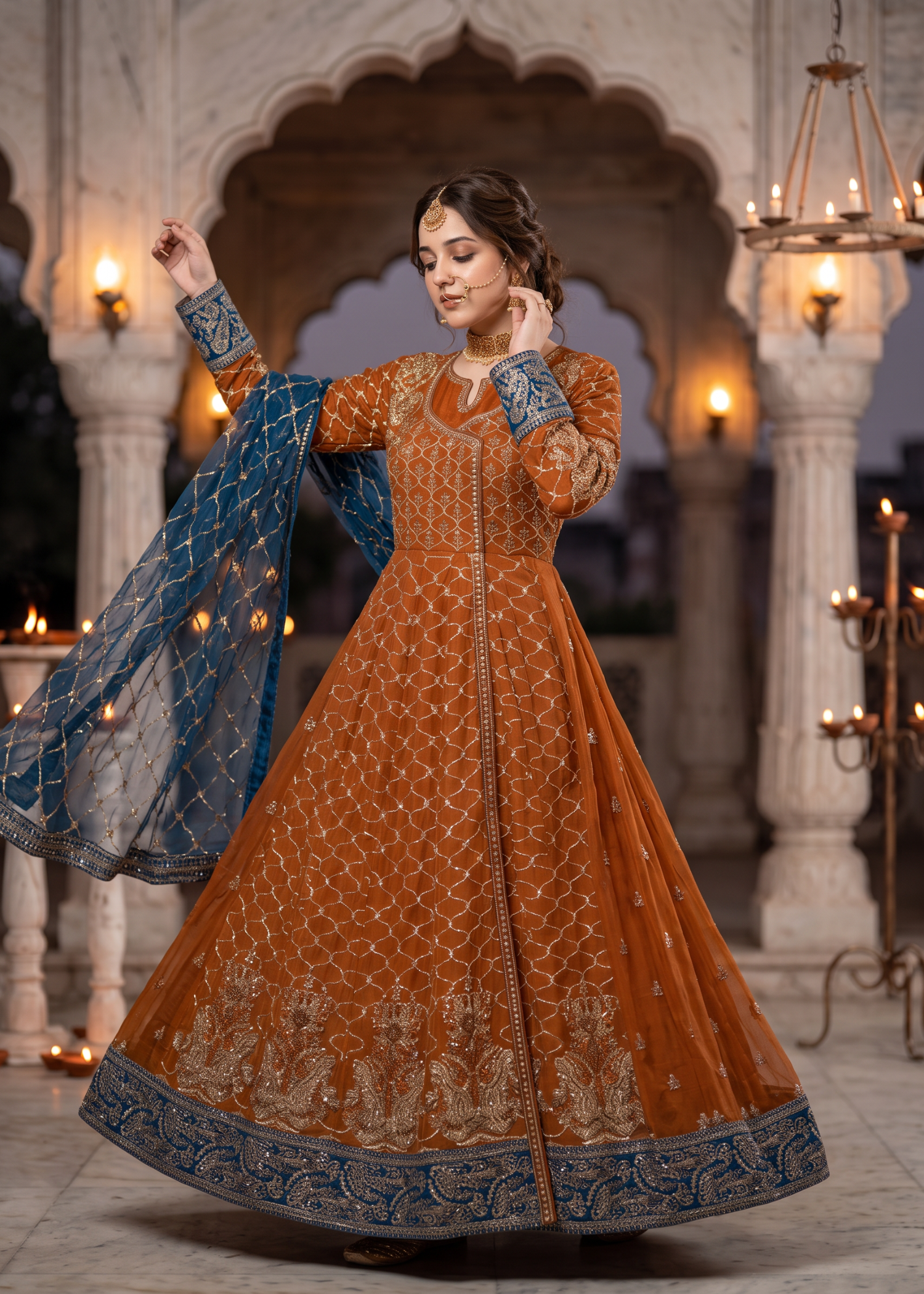 chiffon Angrakha in Rust orange, prussian blue