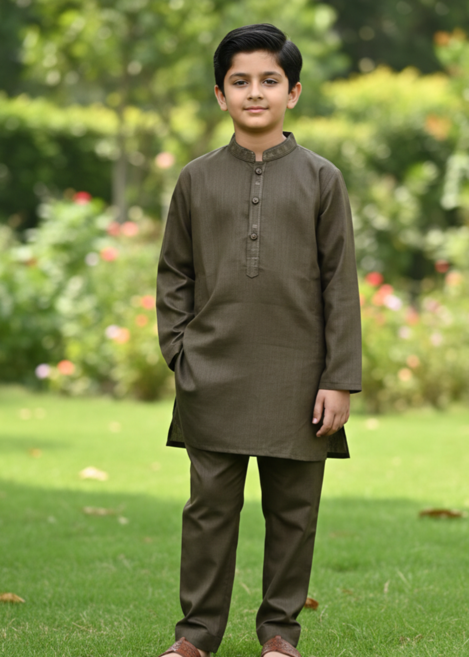 textured wash & wear Kurta Set in Umber brown