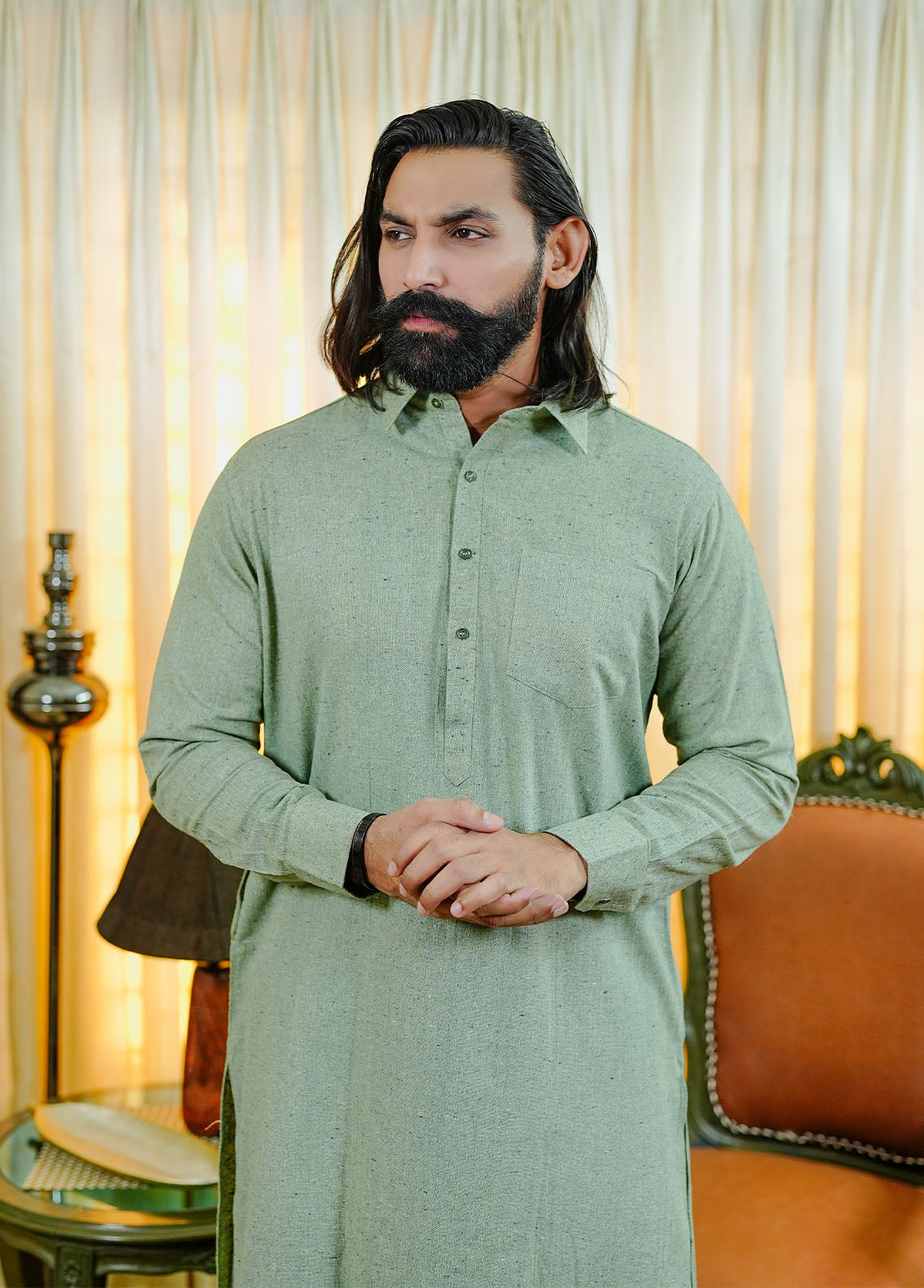 wool viscose Shalwar Kameez in Pistachio green