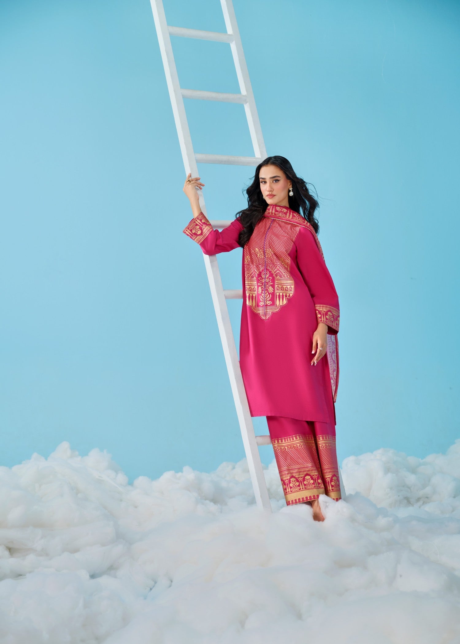 cambric cotton Kurta Set in Hot pink