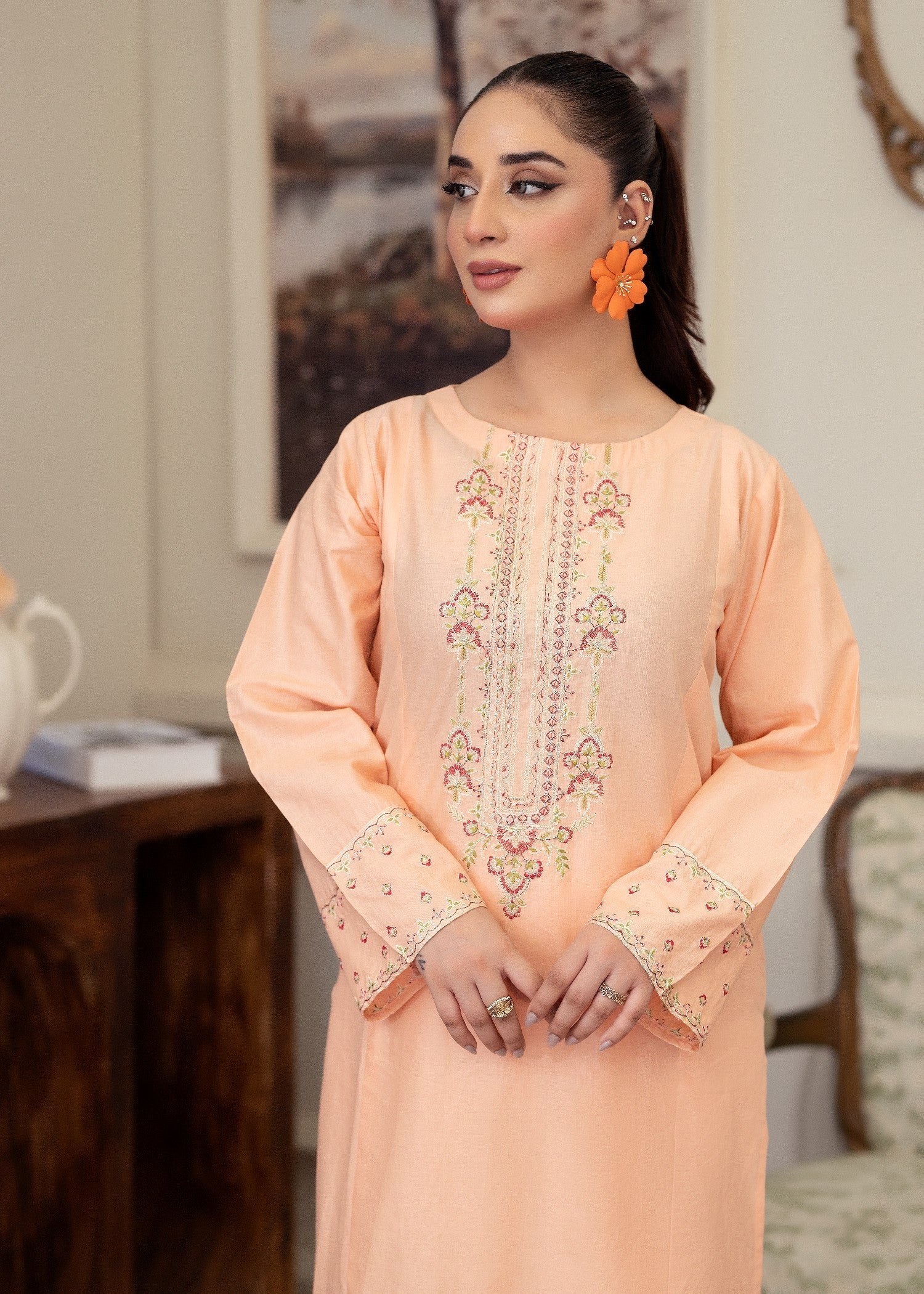 lawn cotton Kurta Set in Peach pink