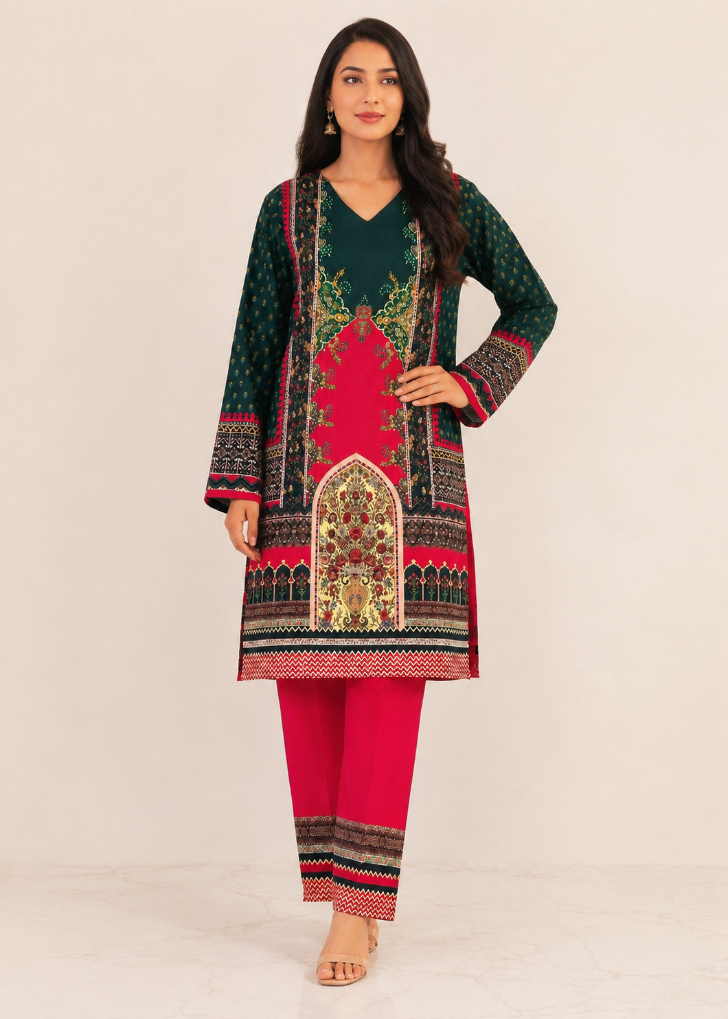 herringbone Kurta Set in Black, brick red