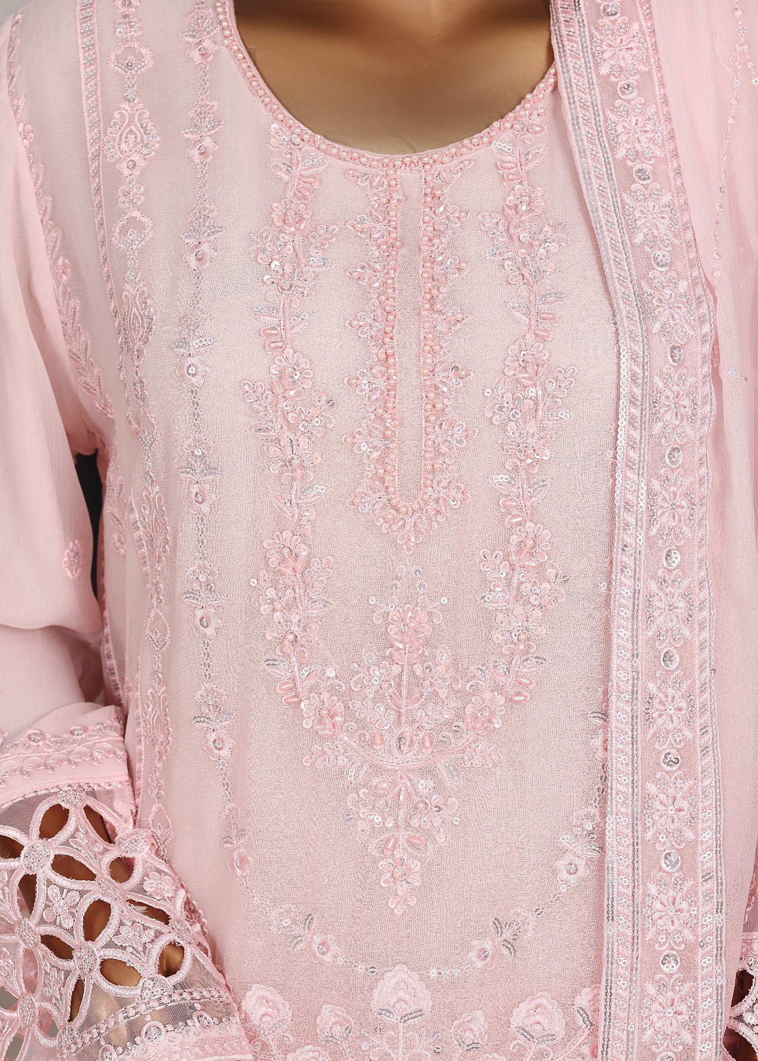 bemberg crinkle chiffon Kurta Set in Pale pink