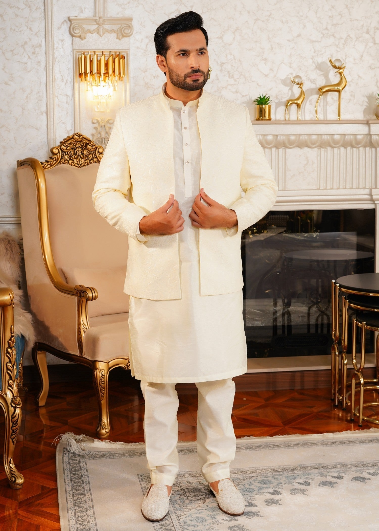 traditional jamawar Prince Coat in Cream