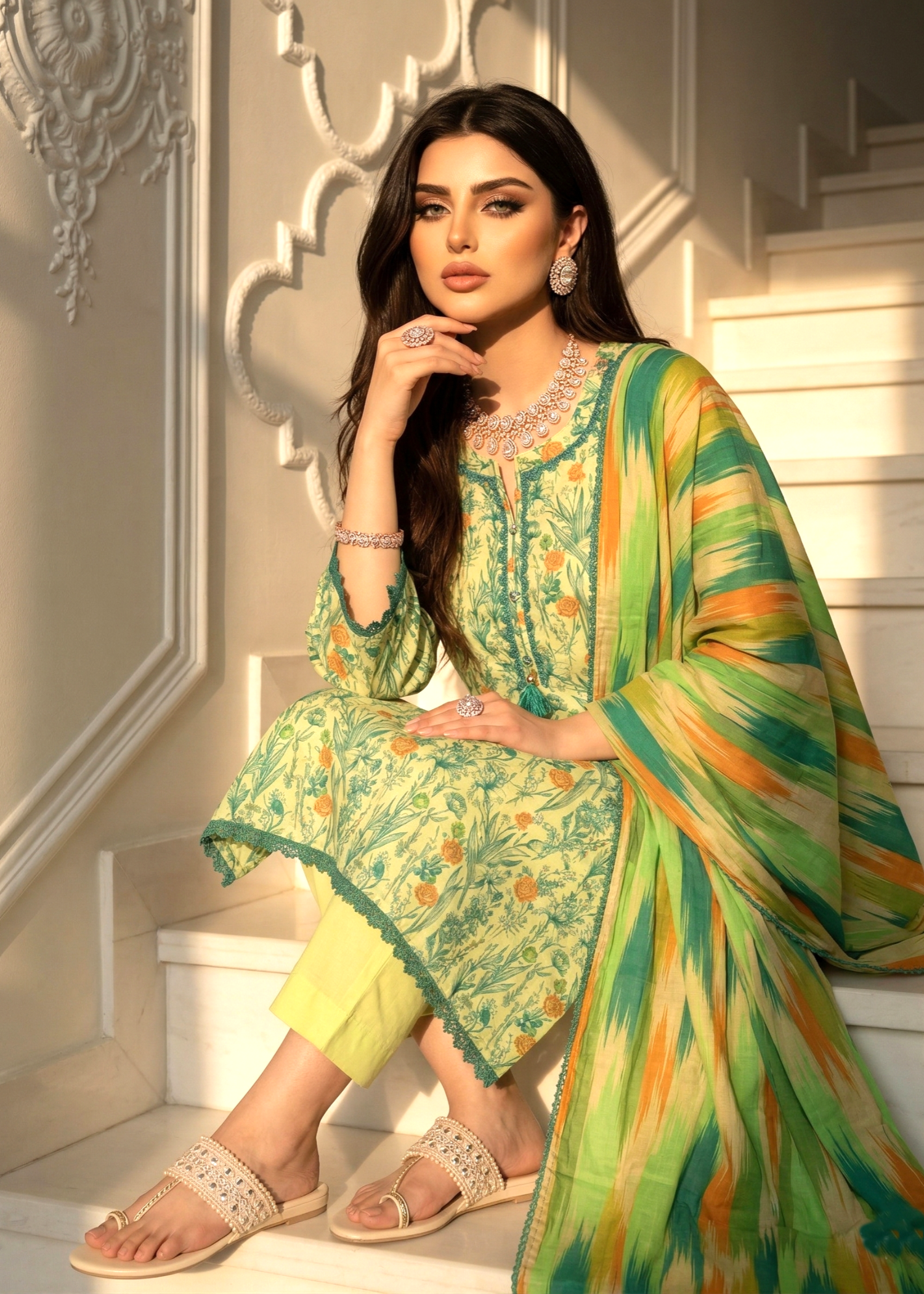lawn Kurta Set in Yellow green